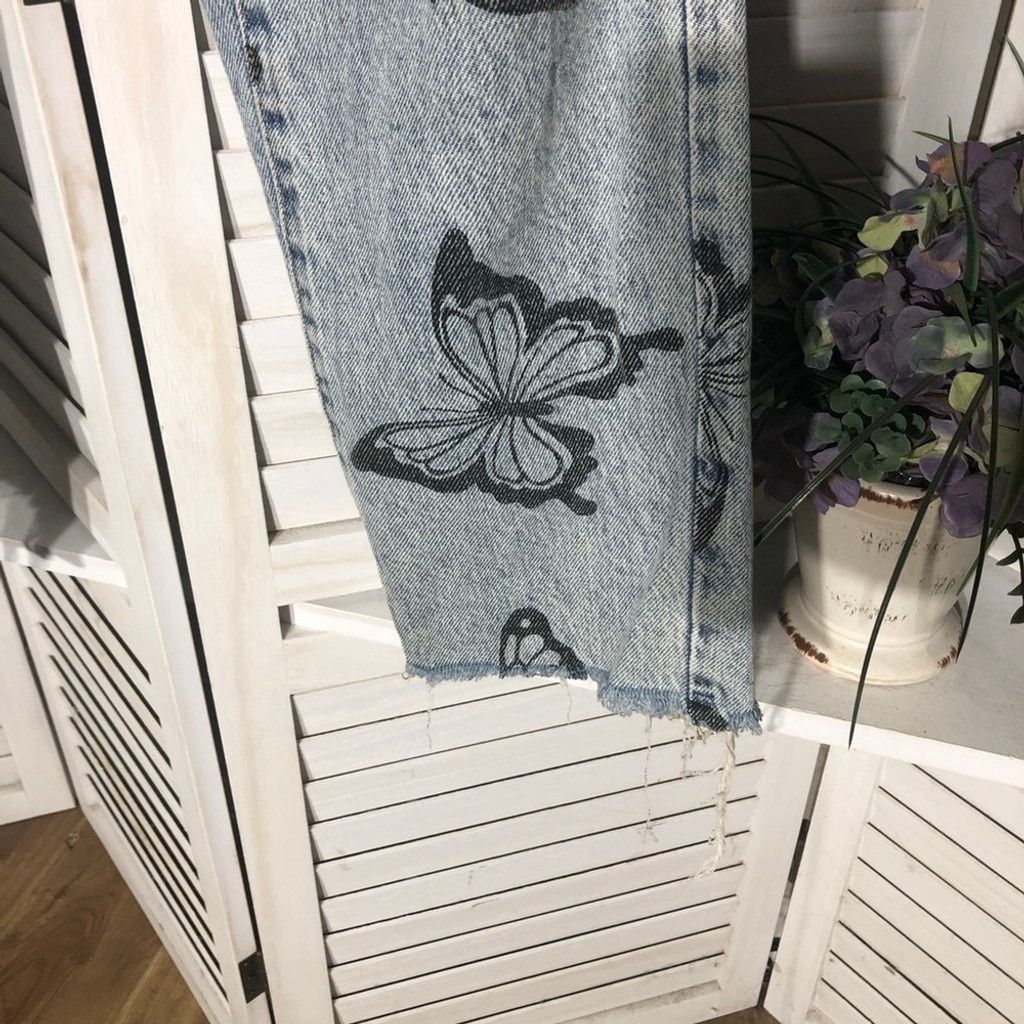 Pacsun Butterfly Jeans High Waisted Straight Leg Raw Hem Blue 26 Size 26" / US 2 / IT 38 - 14 Thumbnail