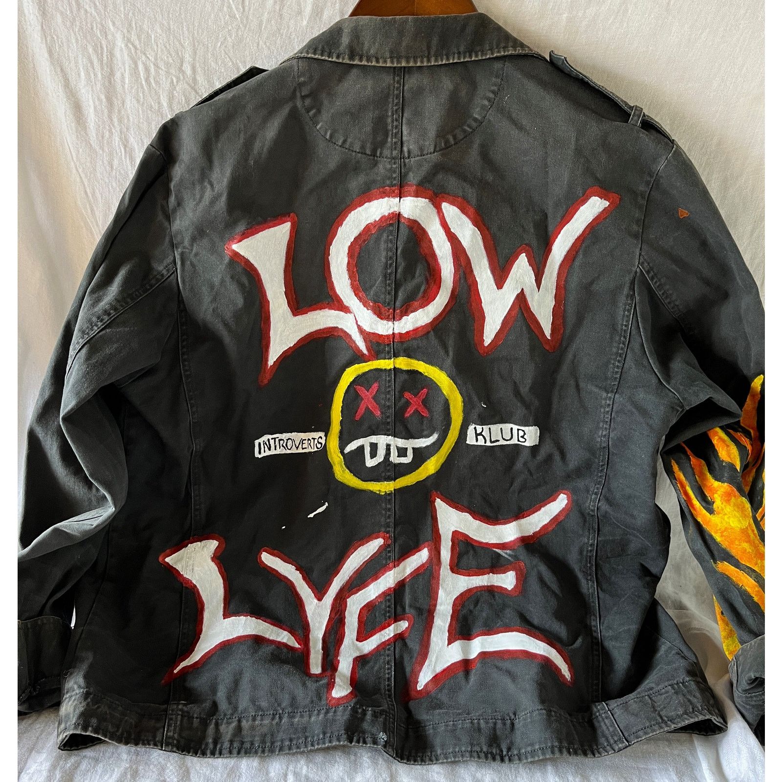 Faded Glory Custom Painted LOW LYFE INTROVERTS CLUB Black Denim Jacket Size US M / EU 48-50 / 2 - 4 Thumbnail