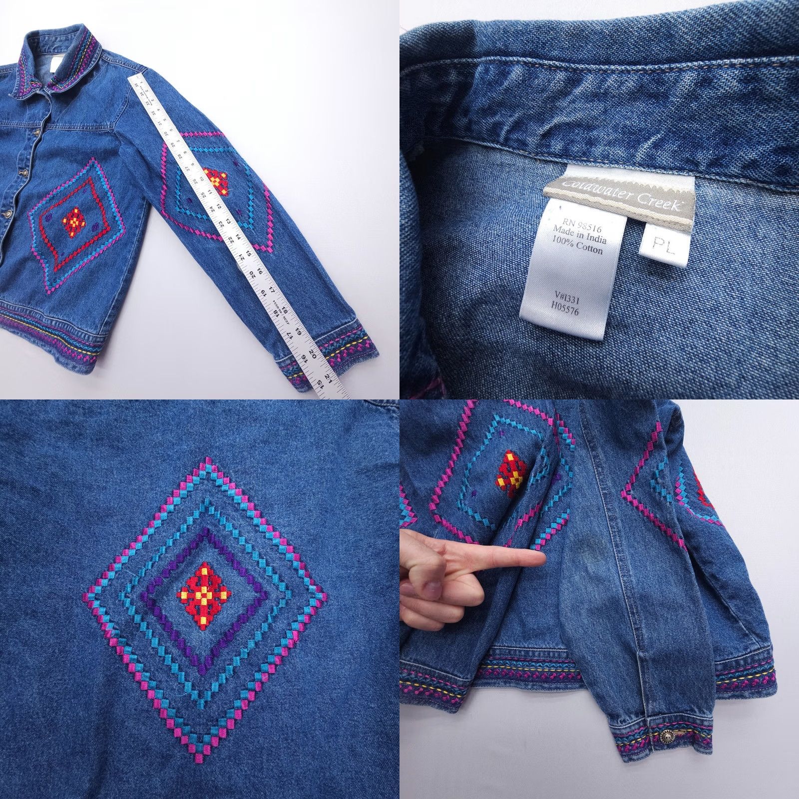 Coldwater Creek VTG Coldwater Creek Embroidered Denim Jacket Southwestern Aztec Tribal Geometric Pattern Blue Women Jacket PL Petite Size Short Sleeve" Size L / US 10 / IT 46 - 8 Thumbnail