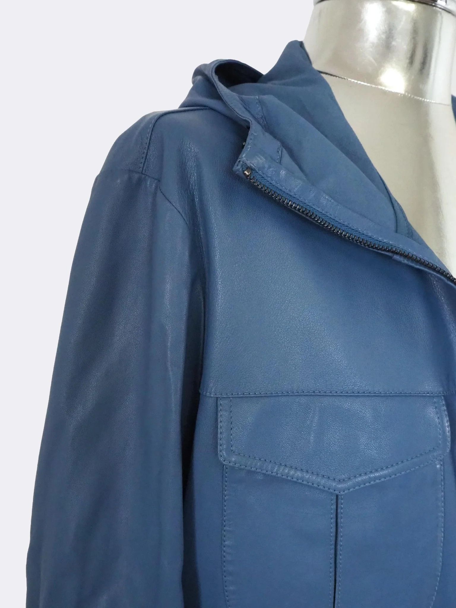 Emporio Armani Light Blue Hooded Zip-Front Leather Jacket $1175 Size US L / EU 52-54 / 3 - 7 Thumbnail