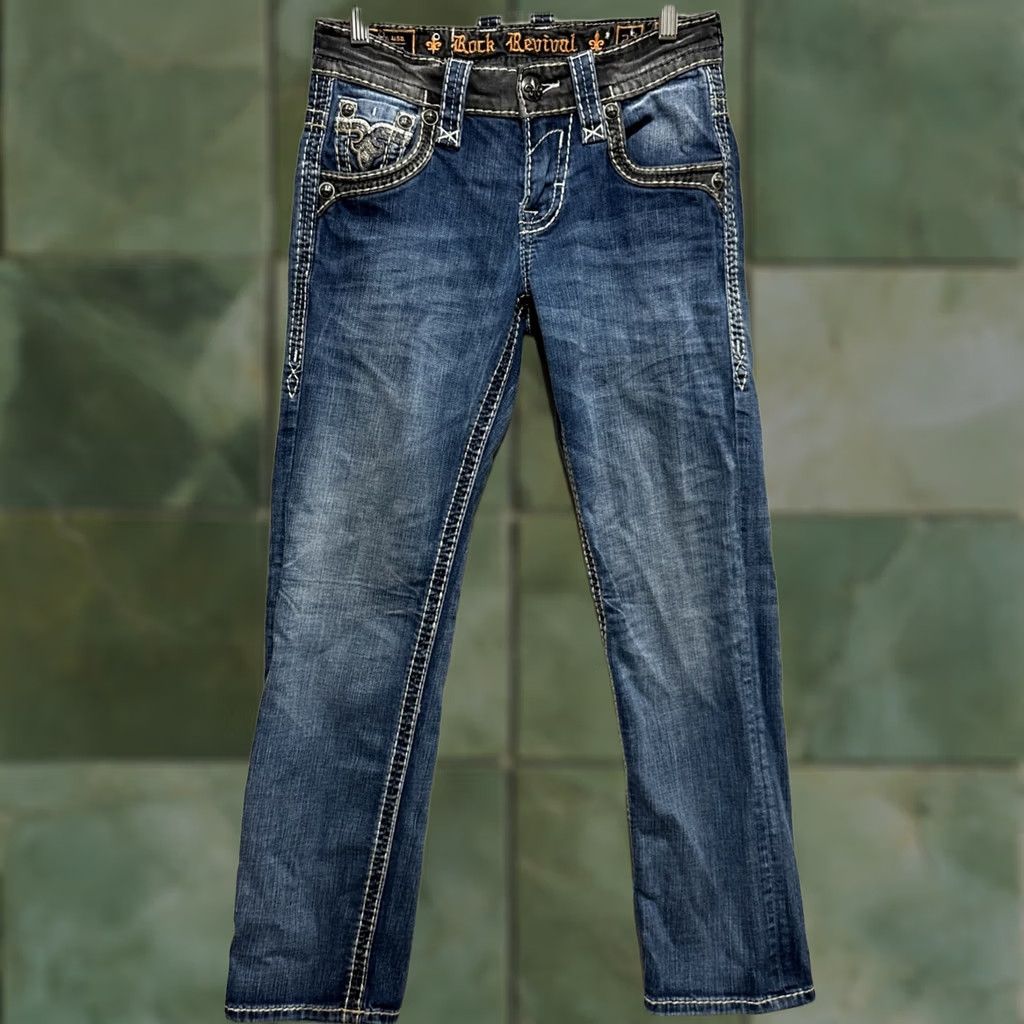 Vintage Rock Revival Dorran Slim Straight Jeans 27 Denim 5-Pocket Logo Embroidered Pockets Mens Blue Size US 27 - 1 Thumbnail