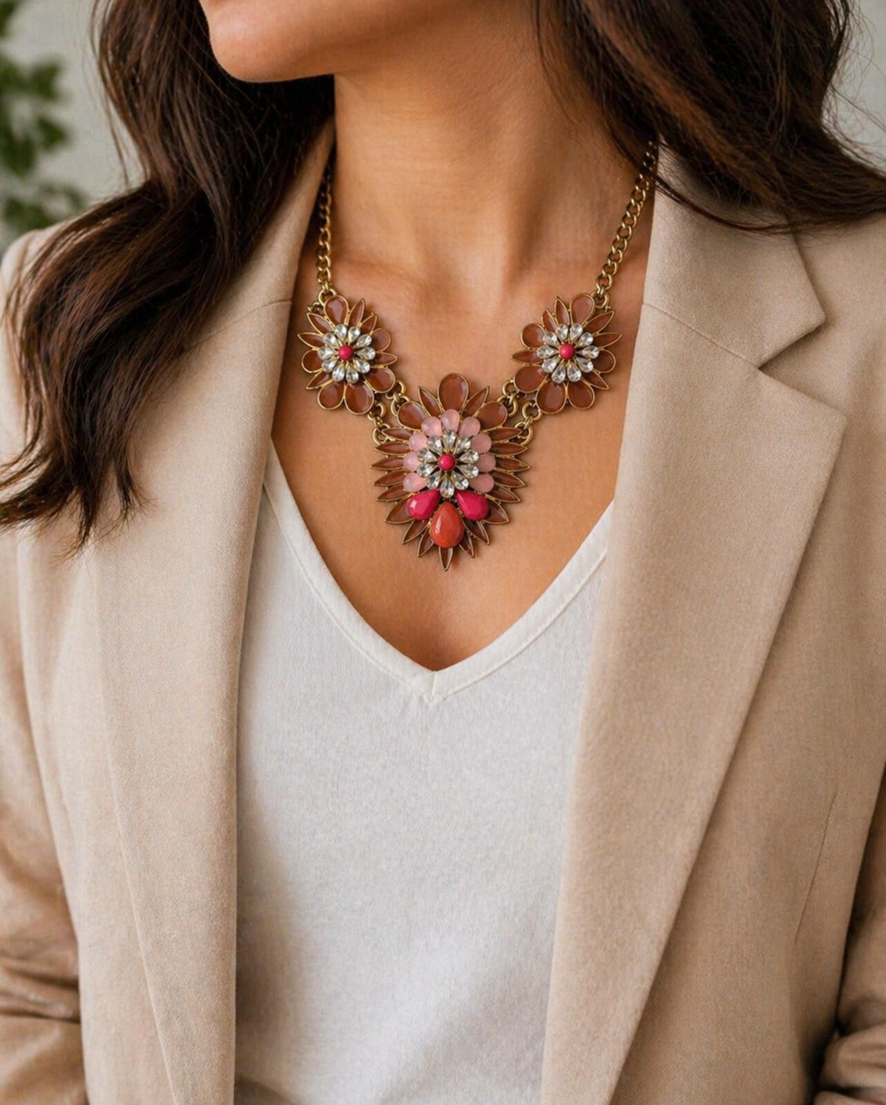 Other NY & Co Floral Statement Bib Necklace Rhinestone Gold Size ONE SIZE - 1 Thumbnail