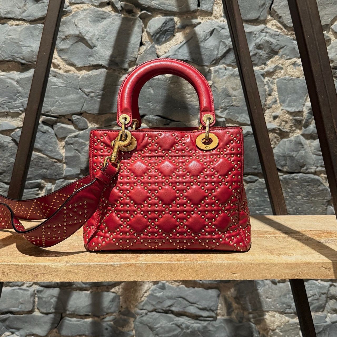 Dior Christian Dior Red Leather Gold Studded Medium Lady Dior Bag Size ONE SIZE - 5 Thumbnail