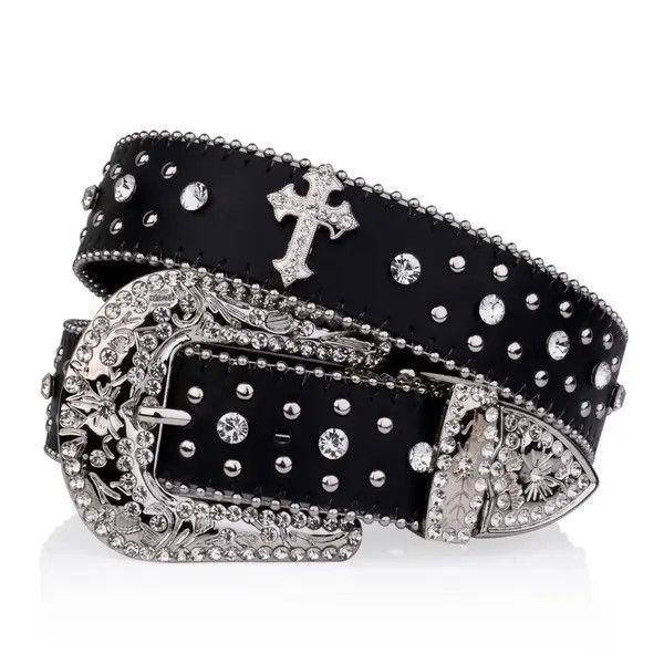 VIBE Black Cross Rivet Belt Engraved Buckle Rhinestone Size ONE SIZE - 6 Thumbnail