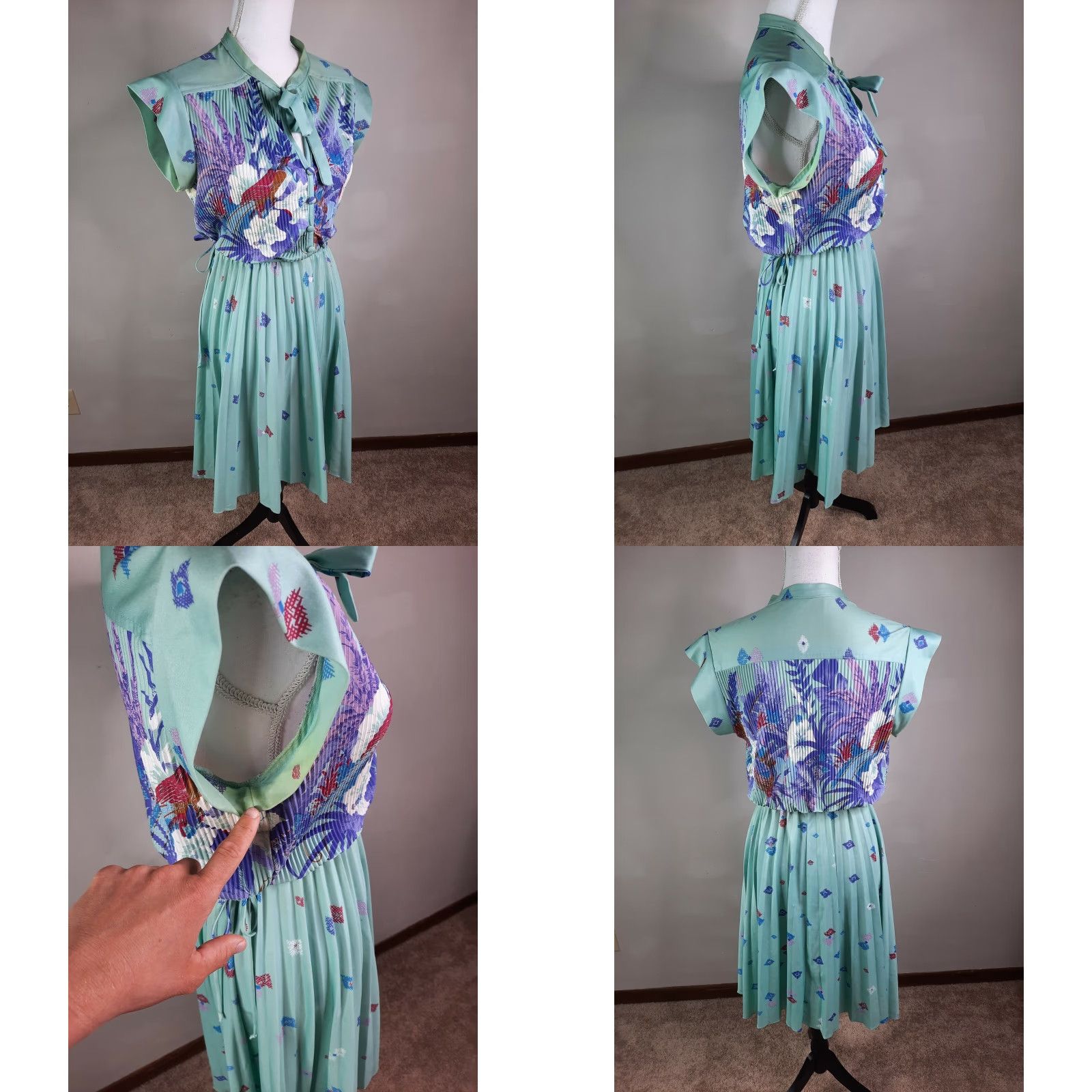 Altea Vintage Teal Mod Dress A-Line Hawaiian Floral M As Is - 60s 70s, Long Sleeve, Round Neck, Polyester, Knee Length, Casual Womens Vintage 60s 70s Size M / US 6-8 / IT 42-44 - 8 Thumbnail