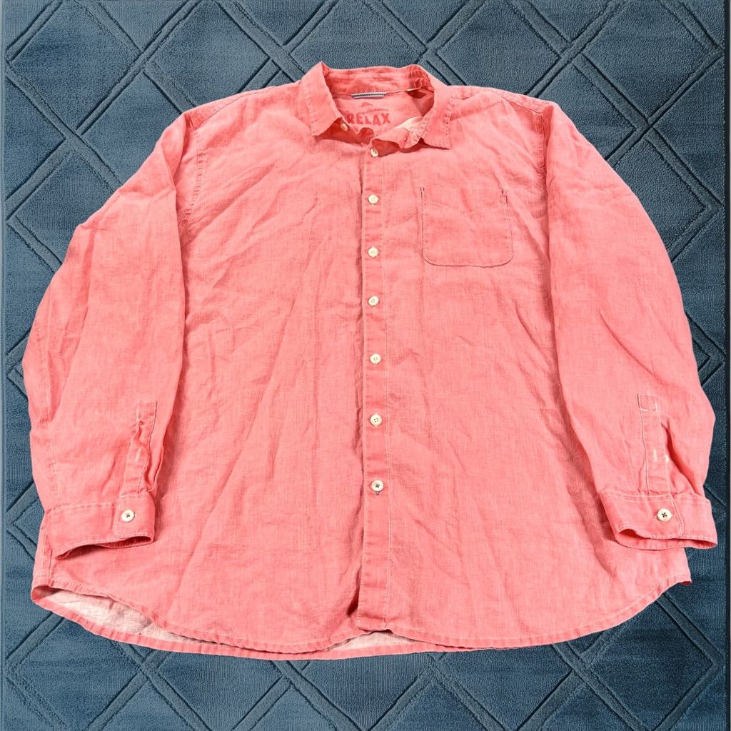 Tommy Bahama Shirt Men’s 3xt Tall Red Linen Chambray Long Sleeve Hawaiian Floral Button-Up Pockets Mens, Men's (Size Xxl)