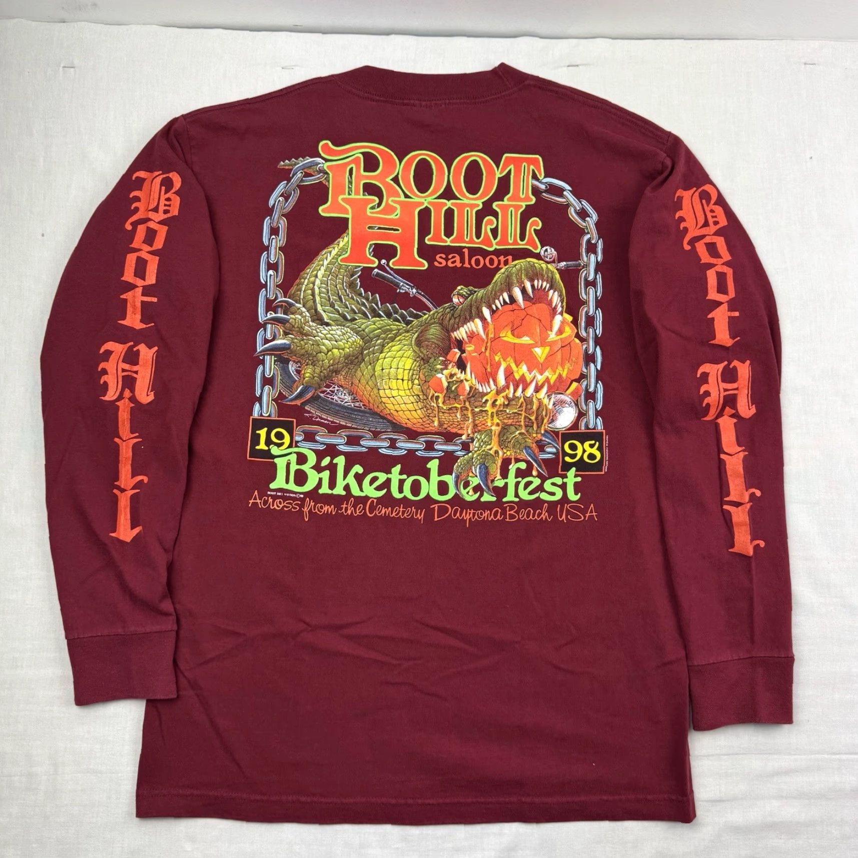 Vintage VINTAGE Murina Boothill Saloon Biker Motorcycle 90s Long Sleeve Shirt Adult Large Red Graphics Print Crew Neck 1998 2832cc Mens Size US L / EU 52-54 / 3 - 2 Thumbnail