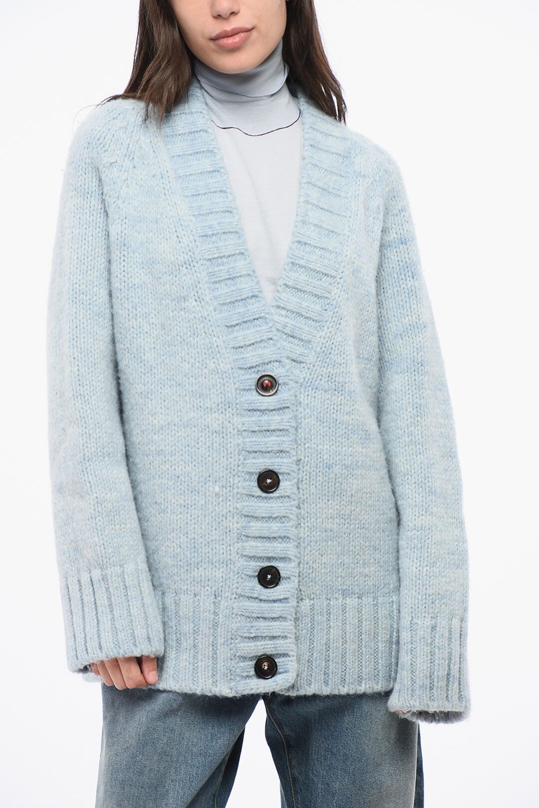Maison Margiela og1mm0825 V-Neck 4 Buttons Oversized Cardigan in Light Blue Size L / US 10 / IT 46 - 1 Thumbnail