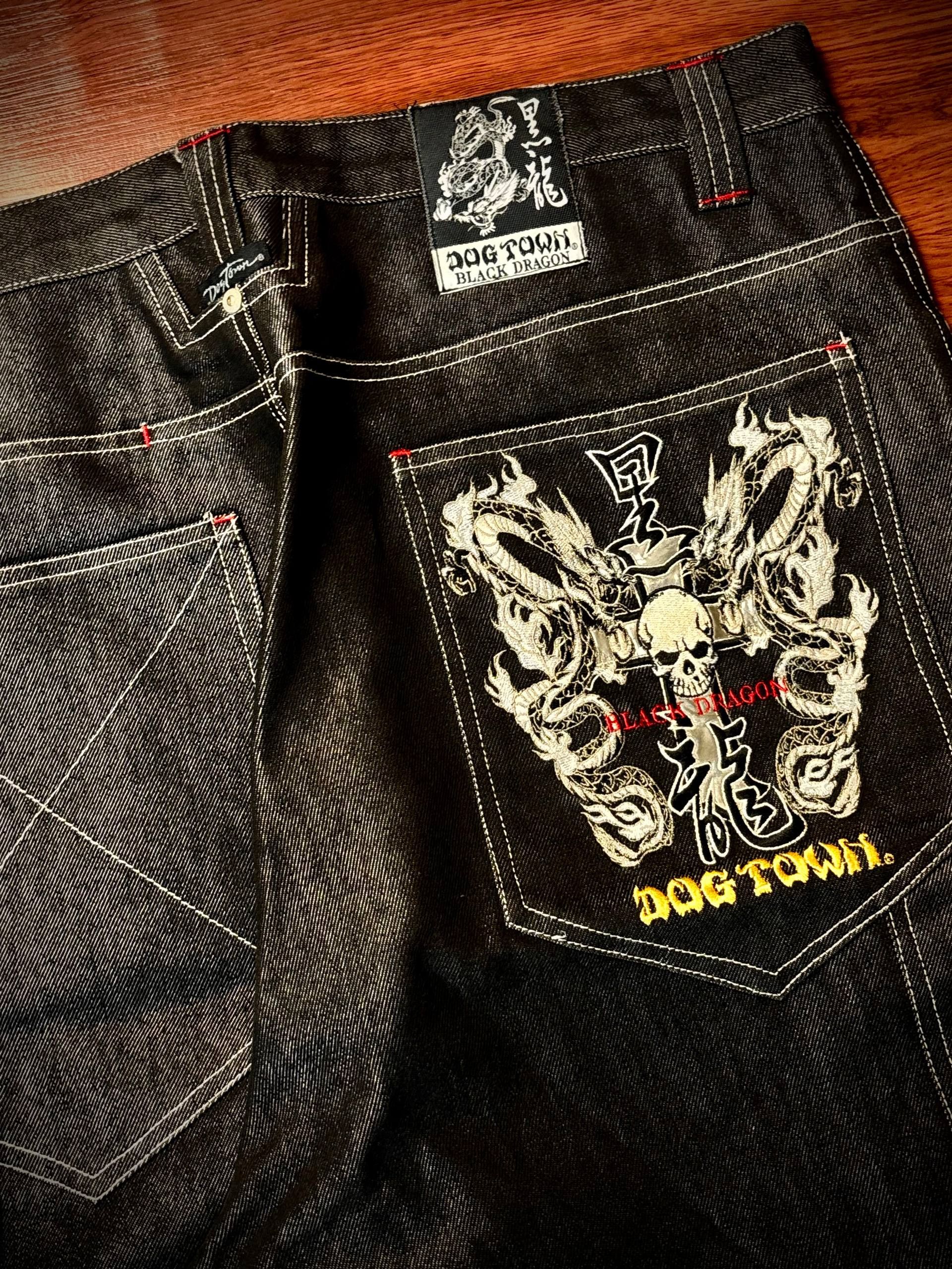 JNCO Vintage 00s Big Skull Logo Dogtown Black Raw Denim Pants Size US 36 / EU 52 - 5 Thumbnail