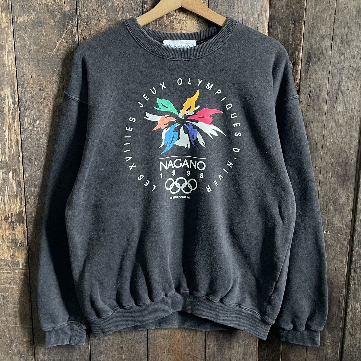 image of Vintage 1993 Nagano Olympiques Crewneck Sweatshirt in Black, Men's (Size Medium)