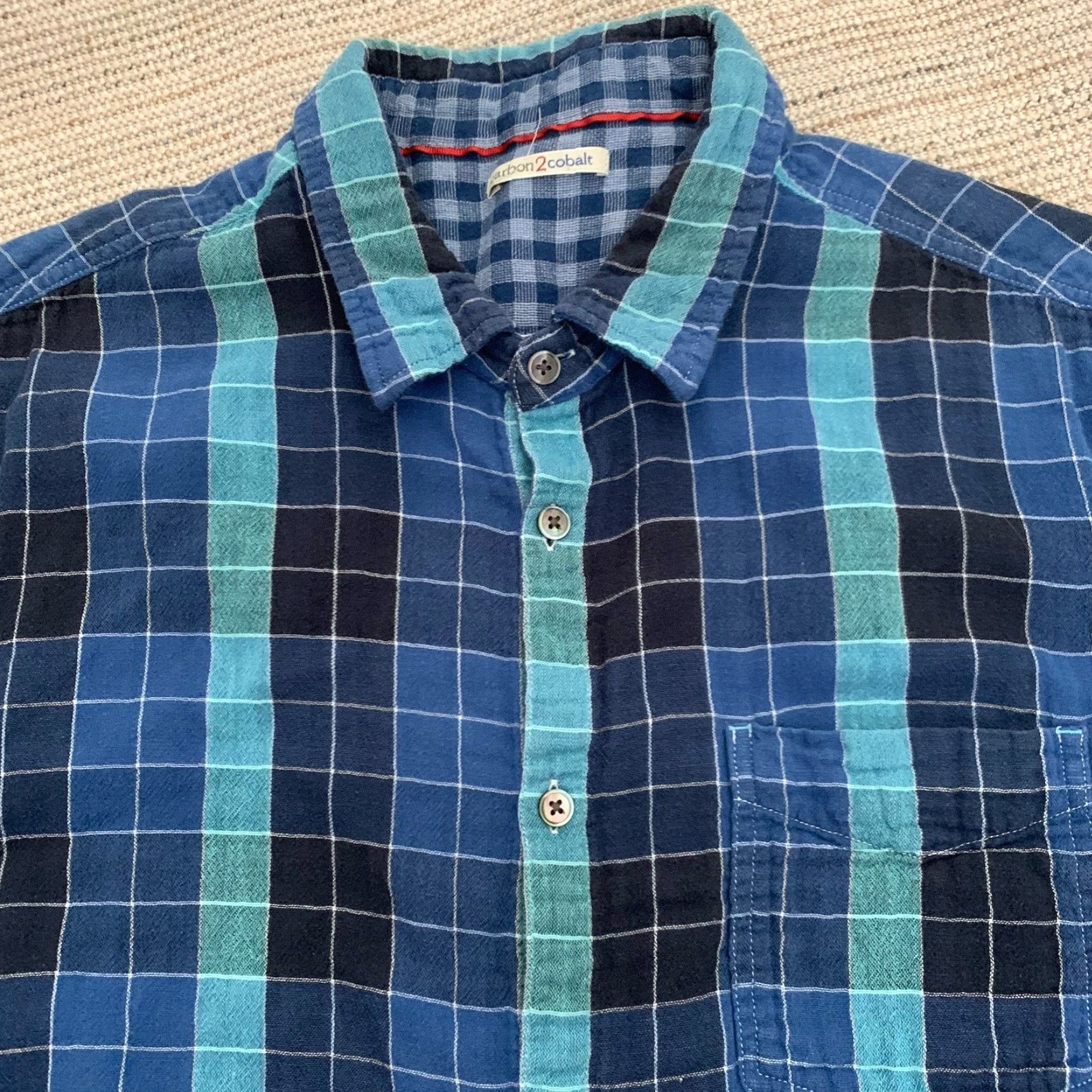 Carbon2Cobalt Carbon2Cobalt Shirt Mens Large Aqua Blue Plaid Button-Up Two-Ply Double Faced Size US L / EU 52-54 / 3 - 3 Thumbnail