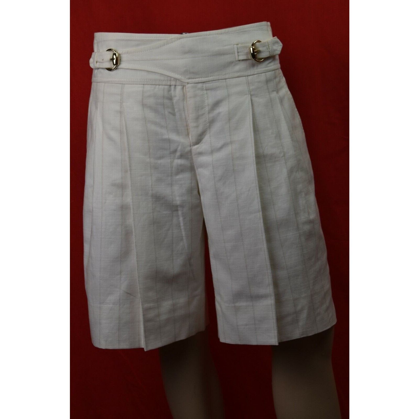 GUCCI OFF WHITE LINEN STRIPE BELTED 2 X BUCKLE SHORTS 42 IT