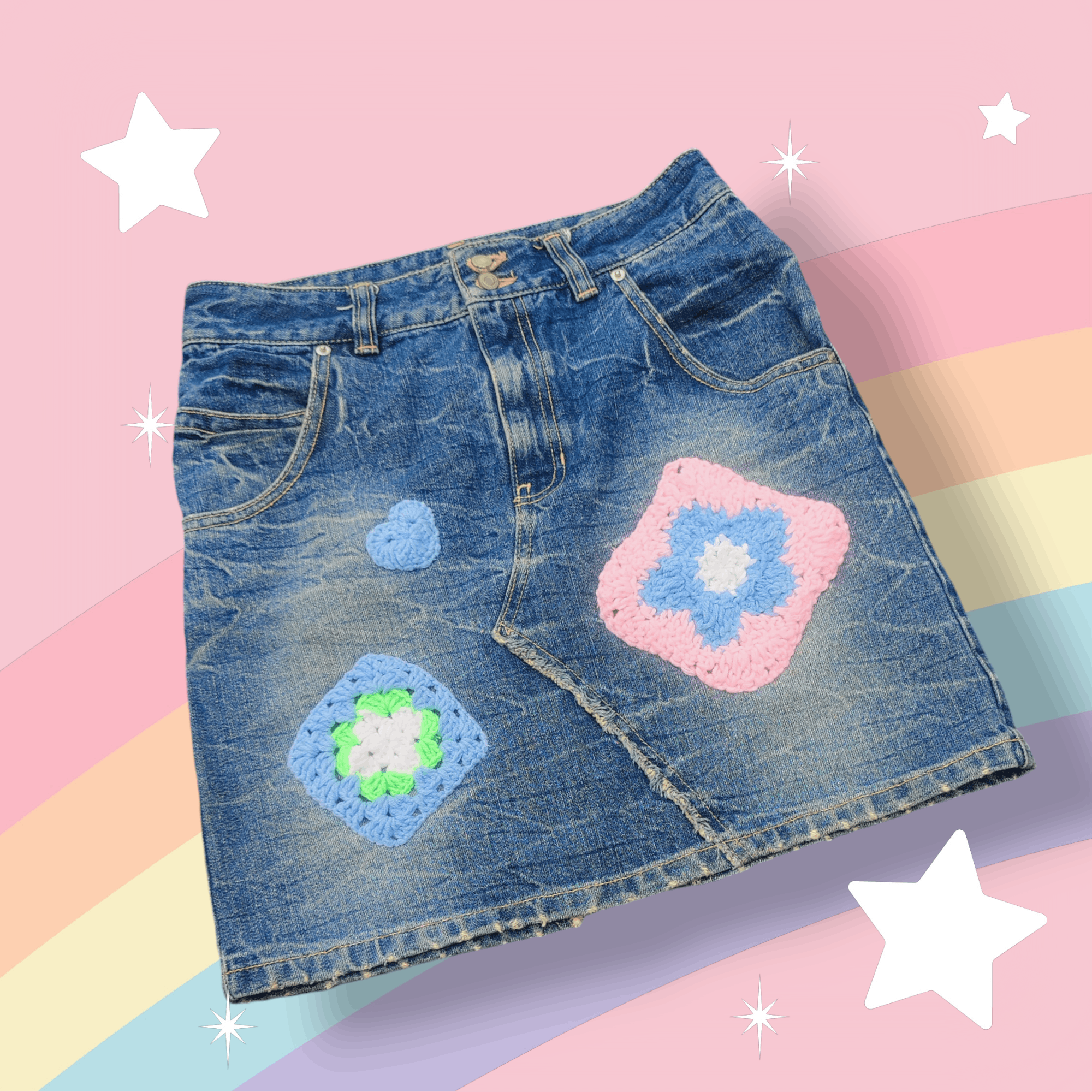 Handmade Remake Old denim mini skirt crochet patches Size 30" / US 8 / IT 44 - 1 Thumbnail