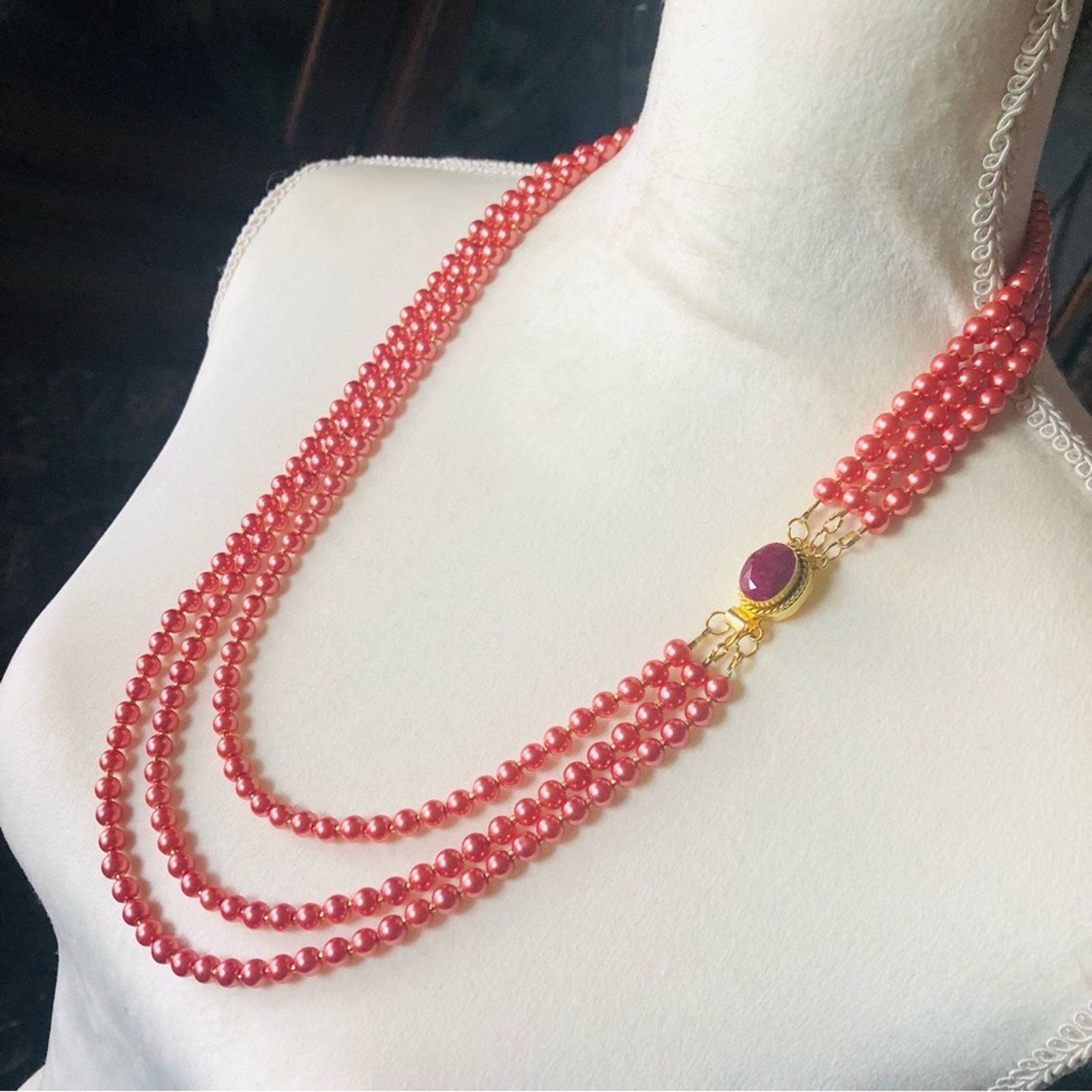 Handmade Handcrafted triple strand rose pearl genuine ruby necklace Size ONE SIZE - 4 Thumbnail