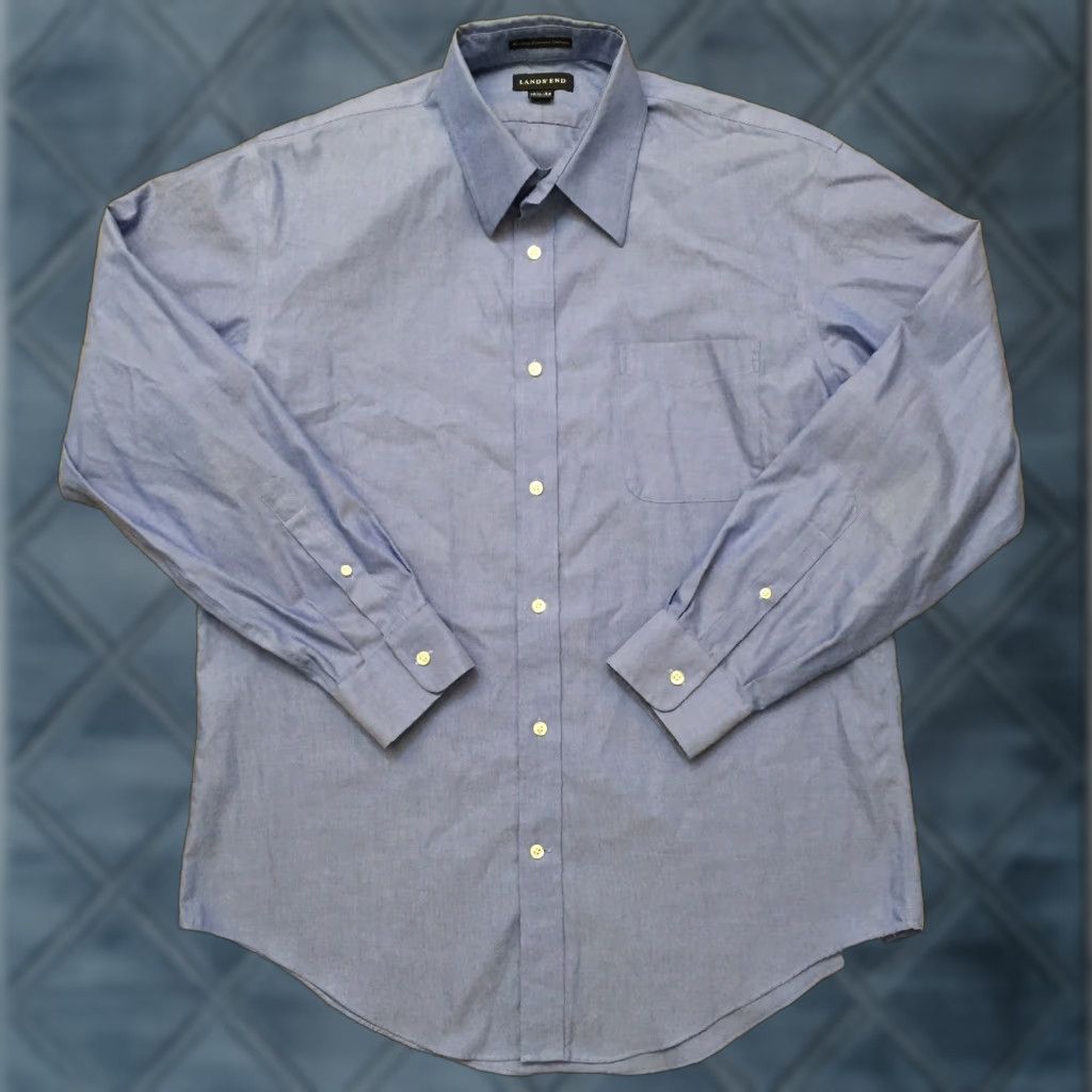 Lands' End Lands End Shirt Mens 16.5 Blue Long Sleeve Button-Front Pinpoint Oxford - Button-Up, Cotton, Collar, Solid, 16.5, Mens Size US XL / EU 56 / 4 - 1 Thumbnail