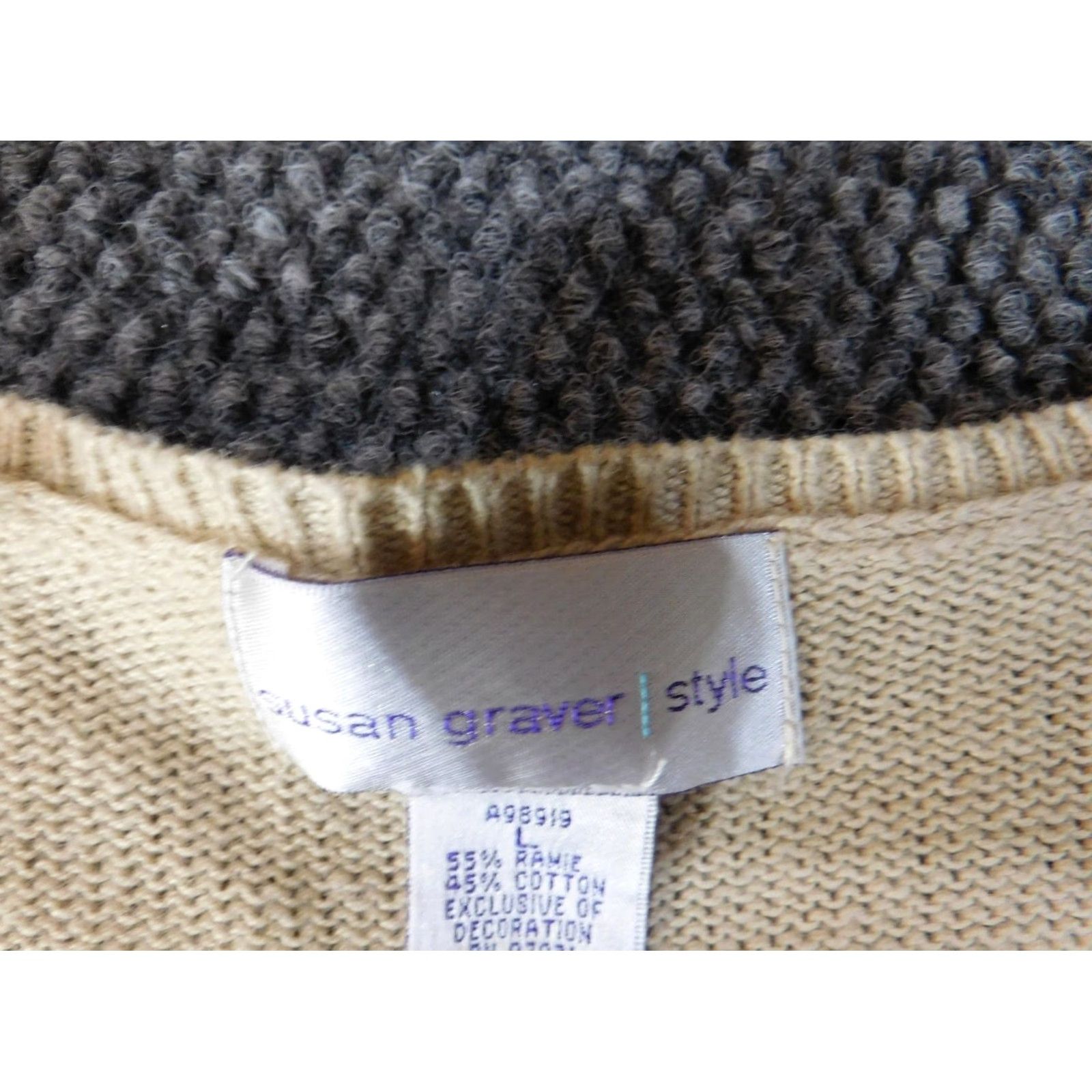 Vintage Susan Graver Cardigan Sweater Womens L Beige Cotton Ramie Knit Button Pullover Round Neck Short Raglan Sleeve Tight-Knit Regular Size L / US 10 / IT 46 - 4 Thumbnail