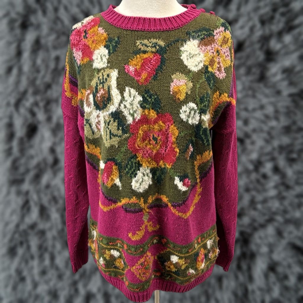 Vintage VINTAGE Michelle Stuart Studio Floral Sweater — Knit Pullover, Chunky Pink, 90s Cottagecore, Medium, Women, Casual Wear Size M / US 6-8 / IT 42-44 - 1 Thumbnail