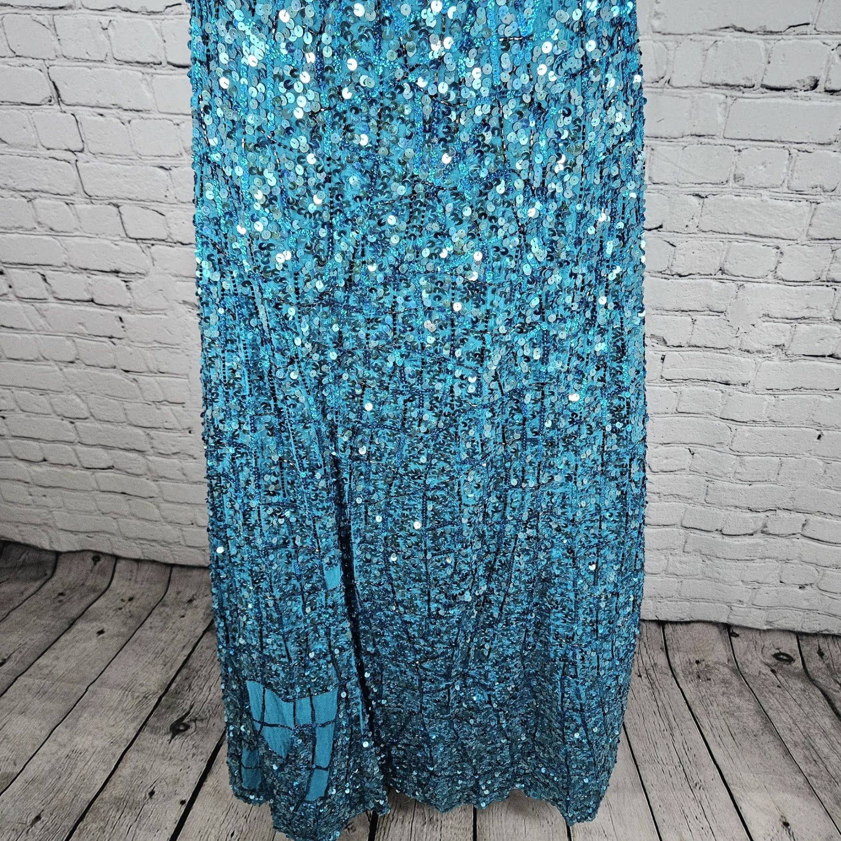 VINTAGE Precious Formals Blue 100% Silk Sequin Beaded Strapless Maxi Dress Small S Women Dress