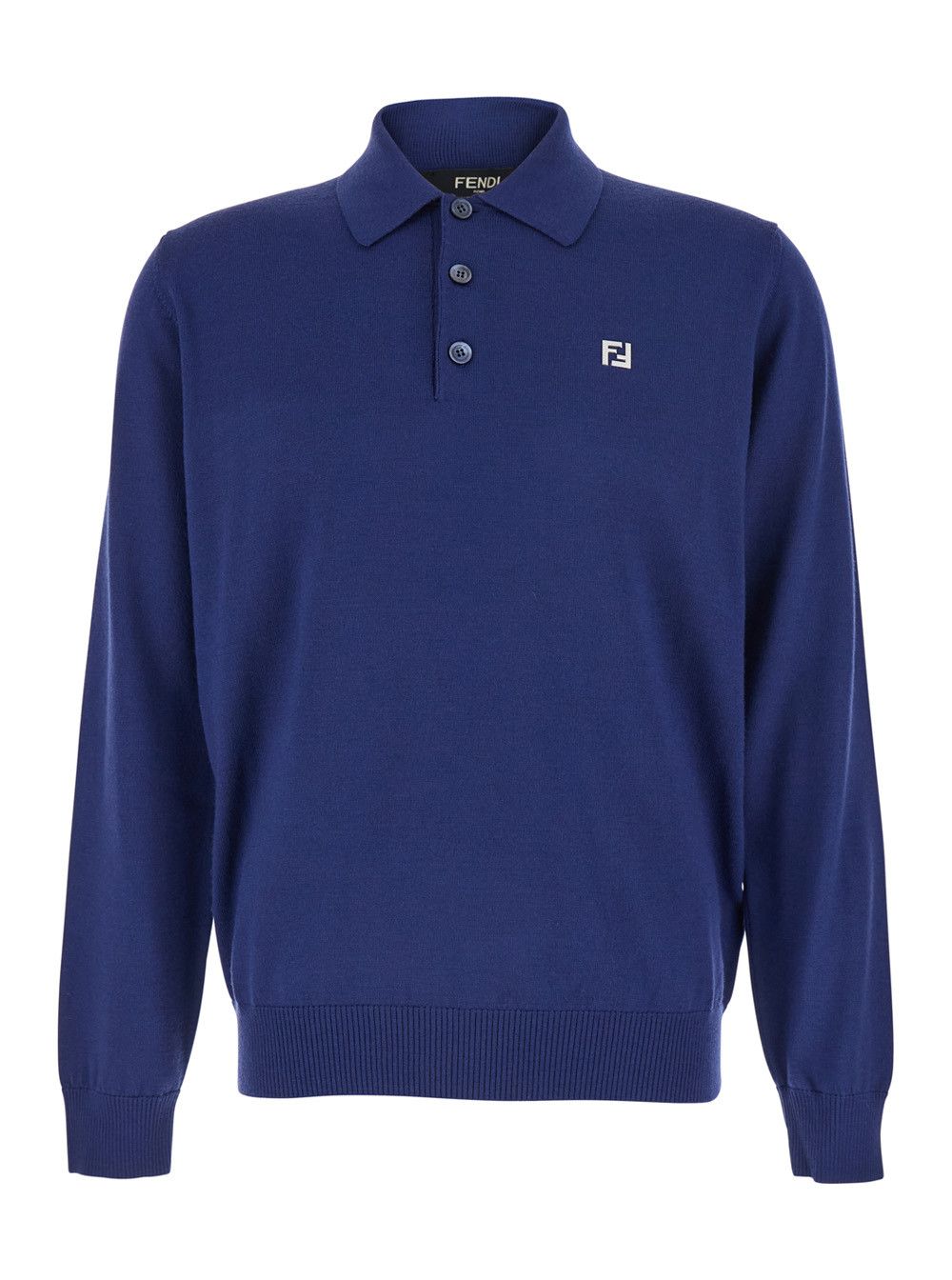 Fendi Blue Long Sleeve Polo with Classic Collar and FF Plate on the Front in Wool for Men Size US L / EU 52-54 / 3 - 1 Thumbnail