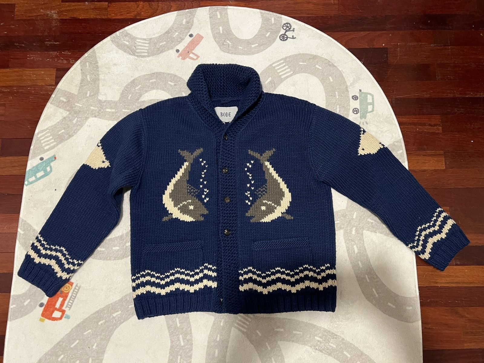 Bode BODE river fish wool and mohair shawl cardigan. $1,200.00. Size US L / EU 52-54 / 3 - 2 Thumbnail