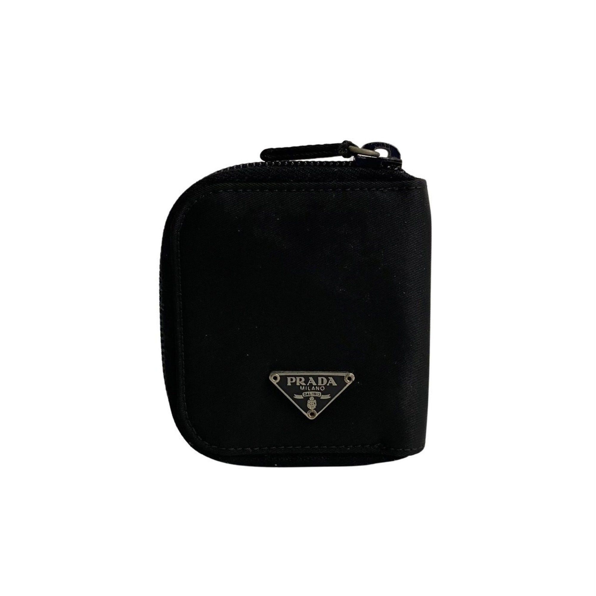 image of Prada Triangular Metal Fittings Nylon Leather Round Zip Wallet/coin Case Coin Purse Wallet Black 42