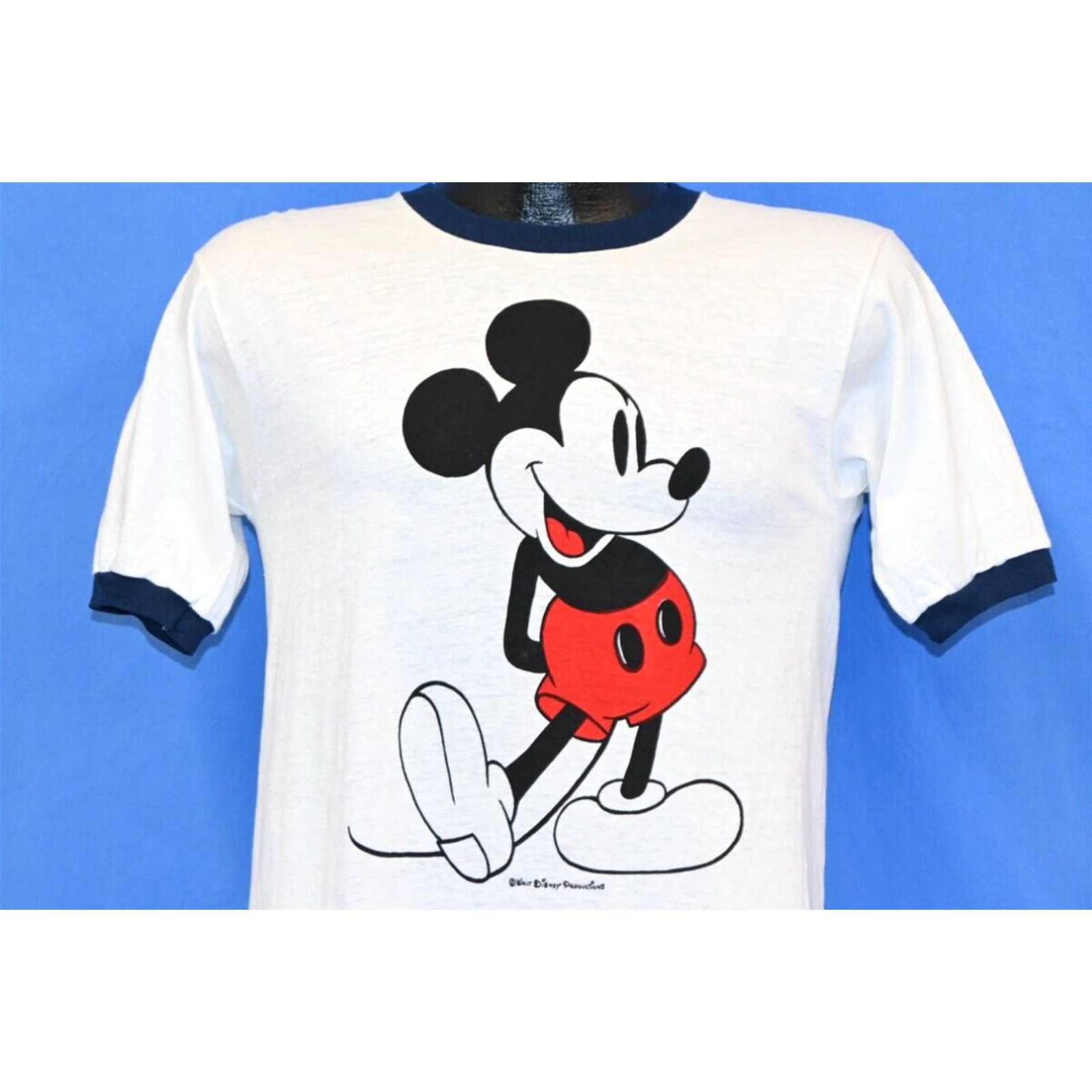 image of Vintage 70's Walt Disney Mickey Mouse Cartoon Navy Ringer White T-Shirt Small S, Men's