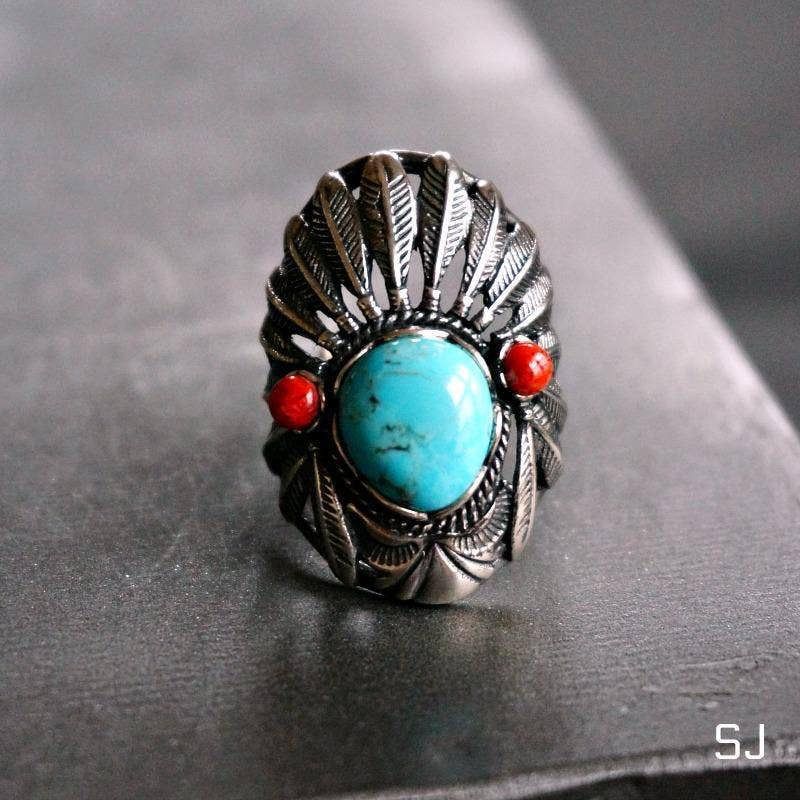 Other Turquoise Cuff Ring Inspired by Native American Headdress, G Size ONE SIZE - 3 Thumbnail