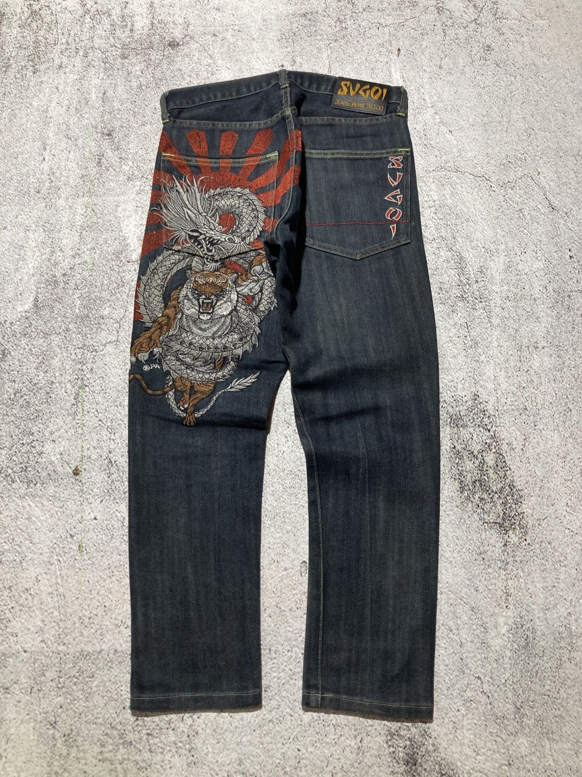 Japanese Brand 2000s Sugoi Tatto Embroidery Dragon Tiger Denim Jeans Size US 29 - 1 Thumbnail