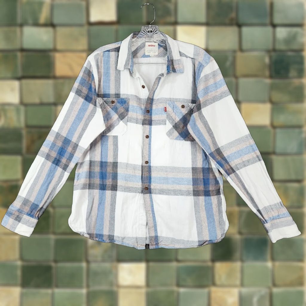 Levi's LEVI'S Shirt Men White Blue Plaid Long Sleeve Button-Up Size L Regular Blue Plaid Mens Shirt Size US L / EU 52-54 / 3 - 1 Thumbnail