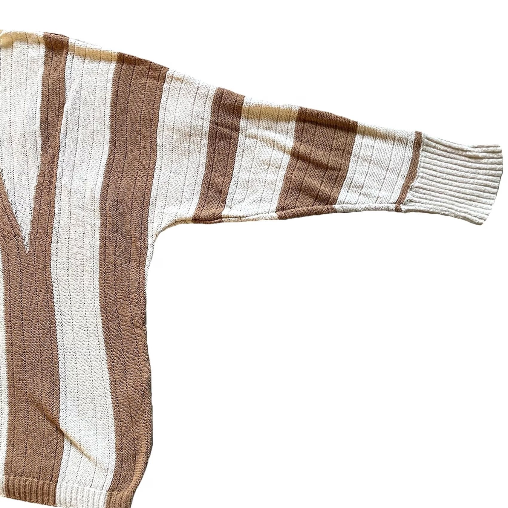Vintage Chico’s Sweater XL Open-Knit Pullover Top Cream Brown Tan Stripe Rib Knit Sleeve 3/4 Women Pullover Knit Open-Knit Striped Cardigan? Size XL / US 12-14 / IT 48-50 - 7 Thumbnail