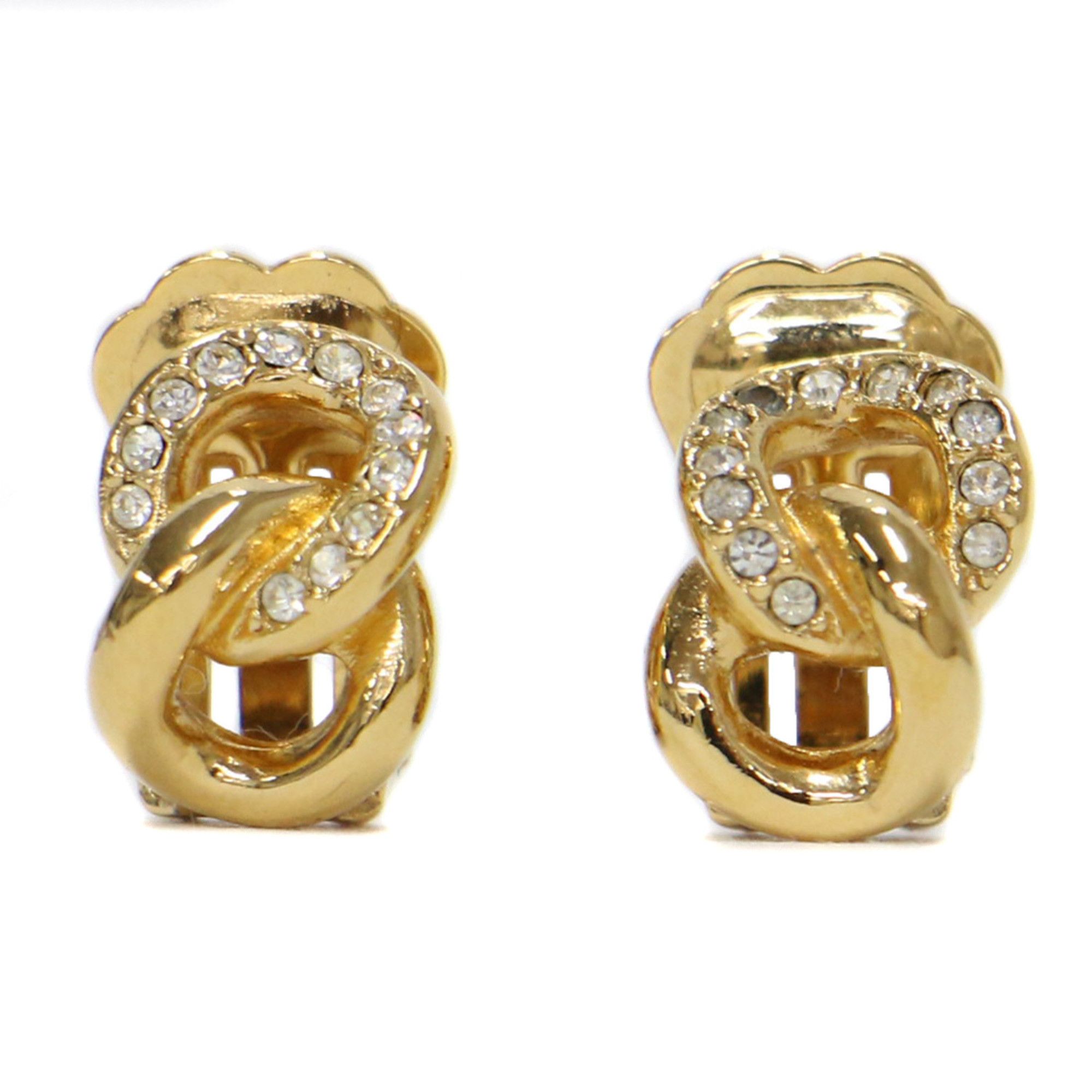 image of Christian Dior Earrings Binaural Clip Chain Motif Rhinestone Vintage Gold Accessories Jewelry Rajig