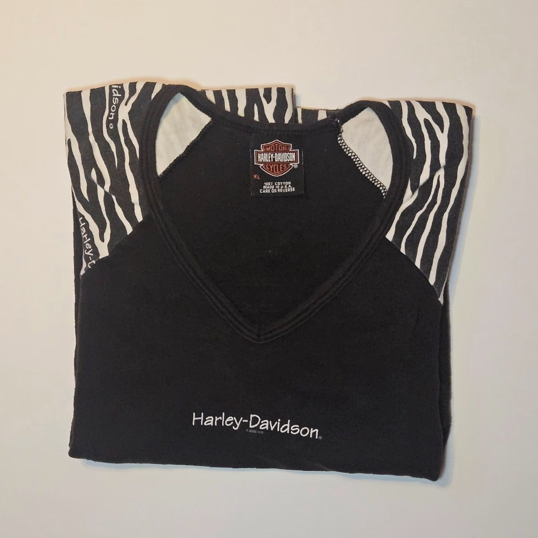 Harley Davidson VINTAGE Harley Davidson Raglan Zebra Print Sleeve Top Womens XL T-Shirt Made in USA Black V-Neck 3/4 Sleeve Rain All Seasons Casual Size XL / US 12-14 / IT 48-50 - 8 Thumbnail