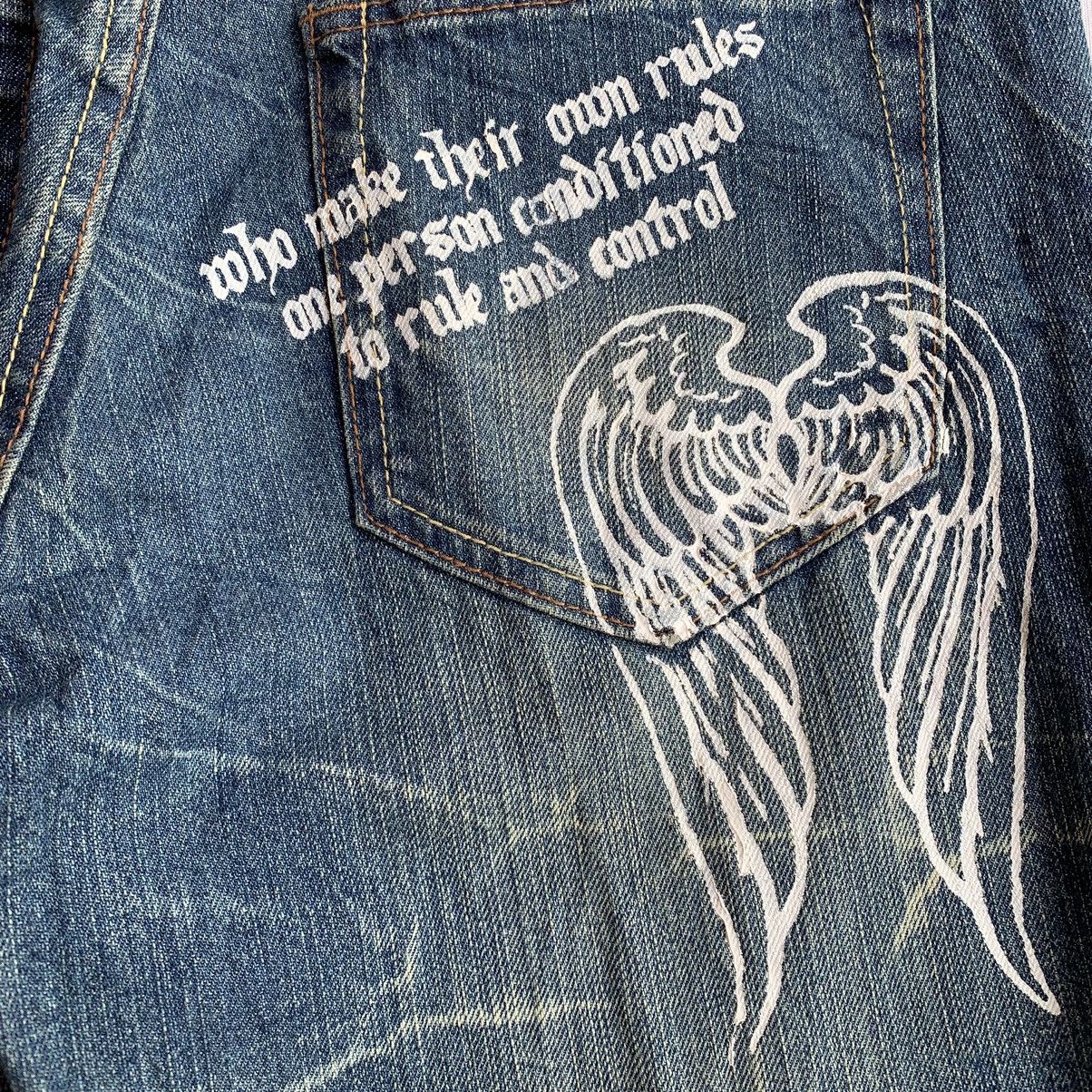If Six Was Nine × Japanese Brand × Le Grande Bleu (L.G.B.) Nylaus distressed mud wash glitter print flared denim pants Size US 31 - 7 Thumbnail