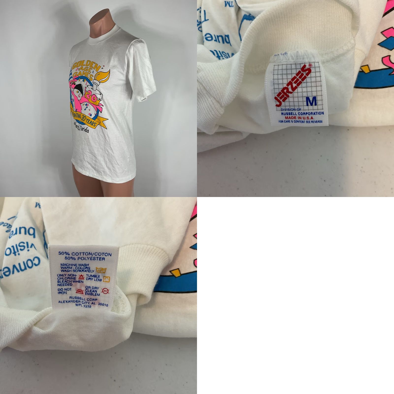 Jerzees VINTAGE Jerzees Golden Age Games T-shirt Mens Medium White Crew Neck Short Sleeve Florida Neon Graphic Print 20 years USA MADE Size US M / EU 48-50 / 2 - 8 Thumbnail