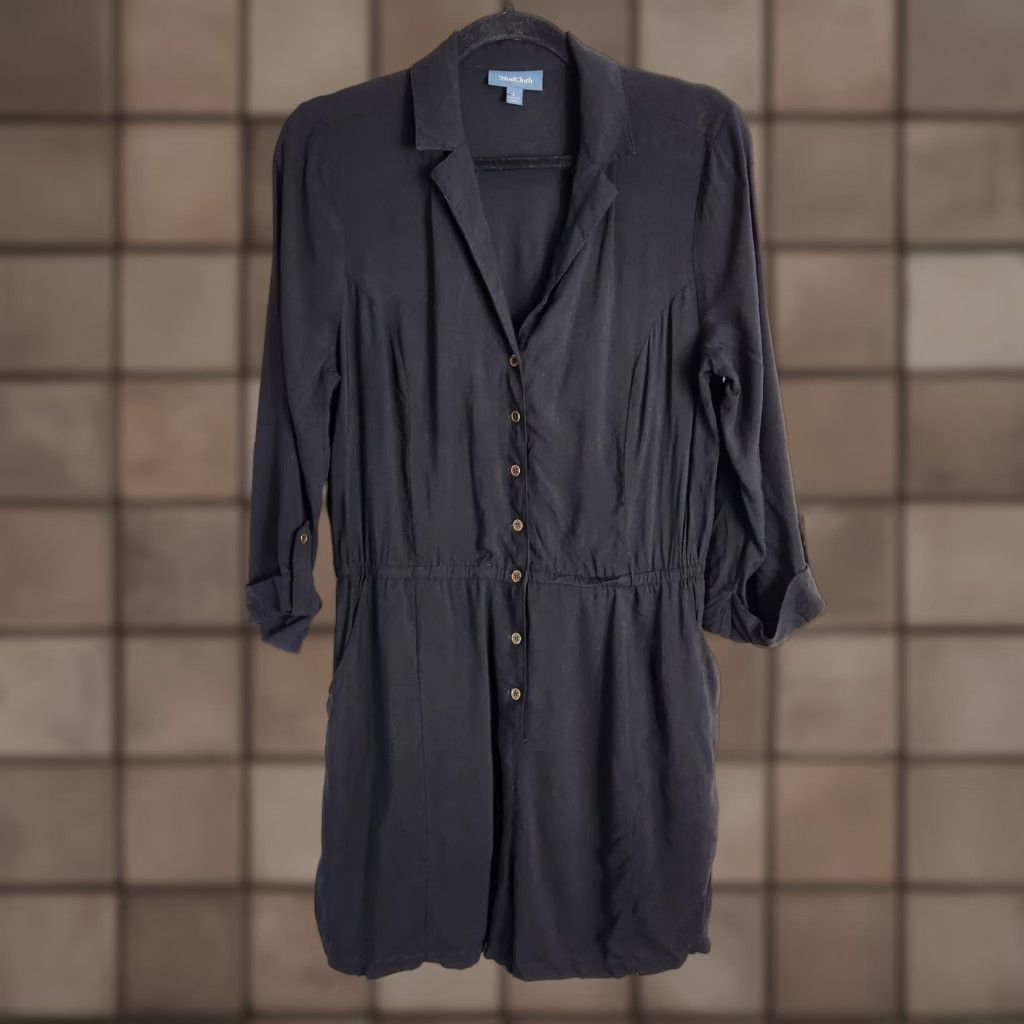 Vintage Modcloth Womens Romper So Field With Joy Roll Tab Sleeve Black Size L Size 36" / US 14 / IT 50 - 1 Thumbnail
