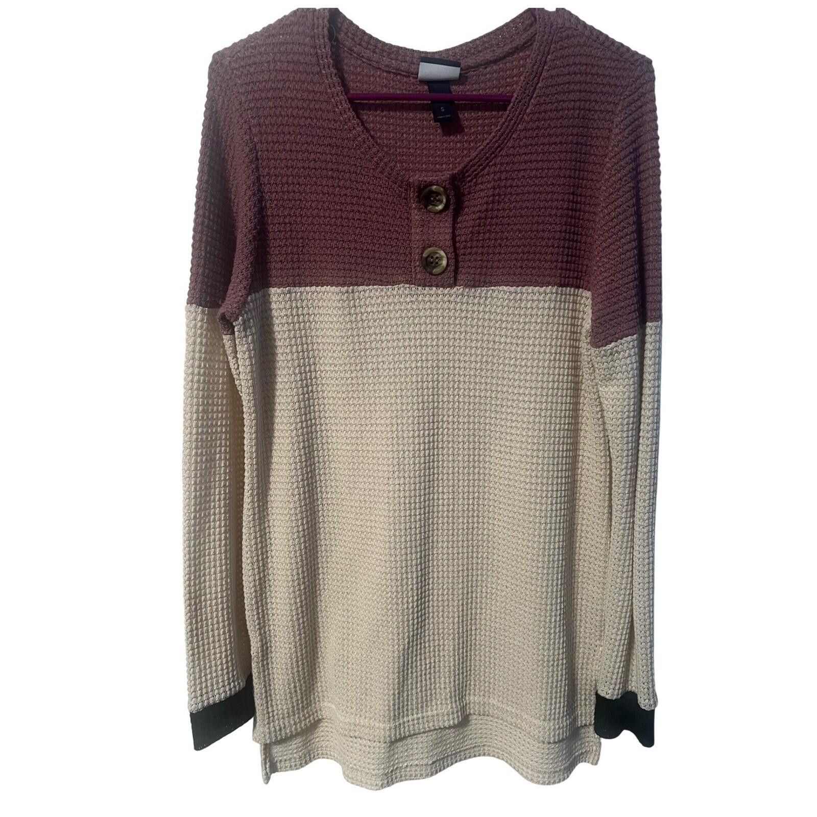 Other Daytrip Henley Top Womens Small Mauve Cream Waffle Knit Size S / US 4 / IT 40 - 1 Thumbnail