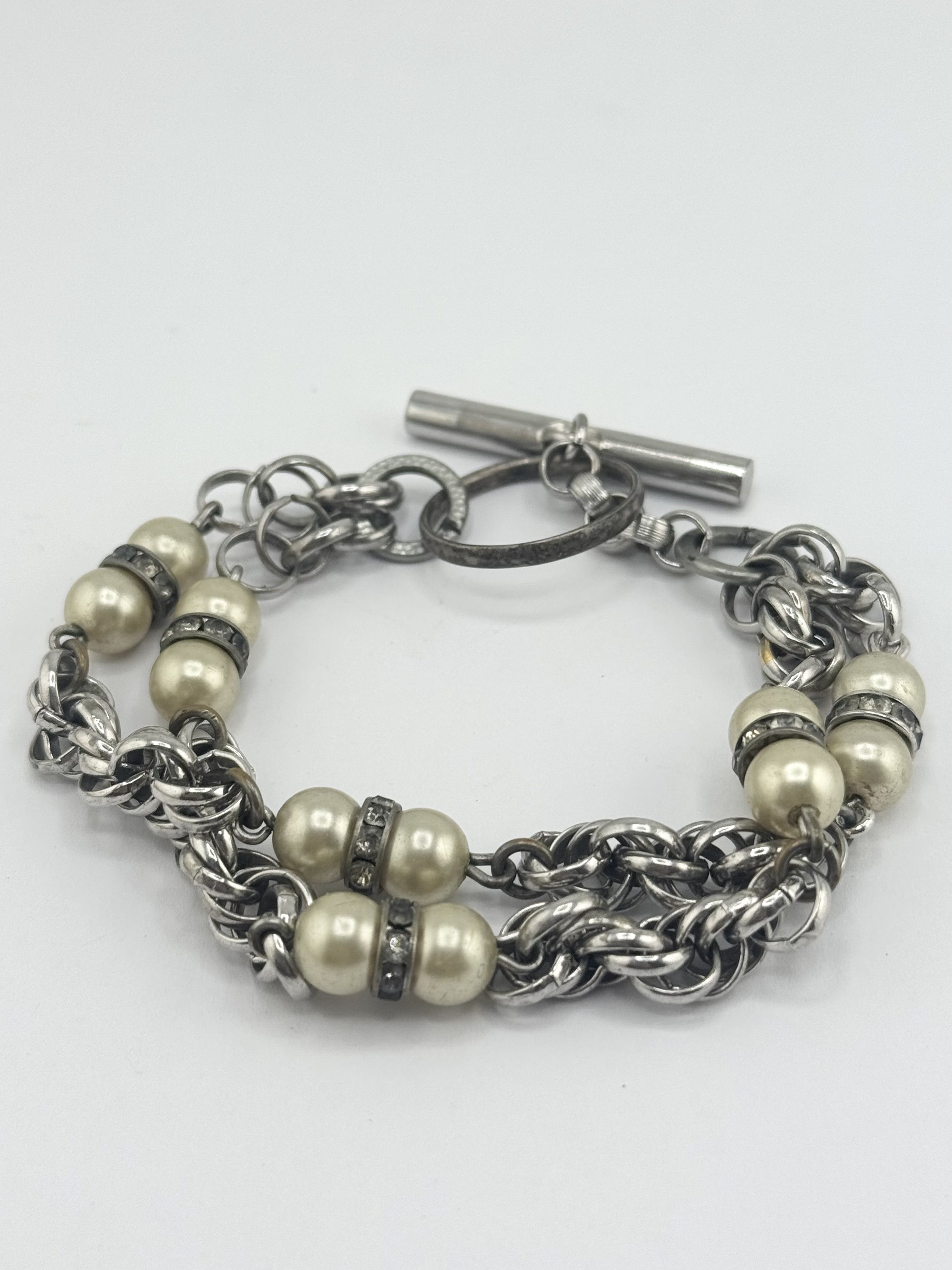Vintage Vintage silver chain pearl rhinestone bracelet Size ONE SIZE - 3 Thumbnail