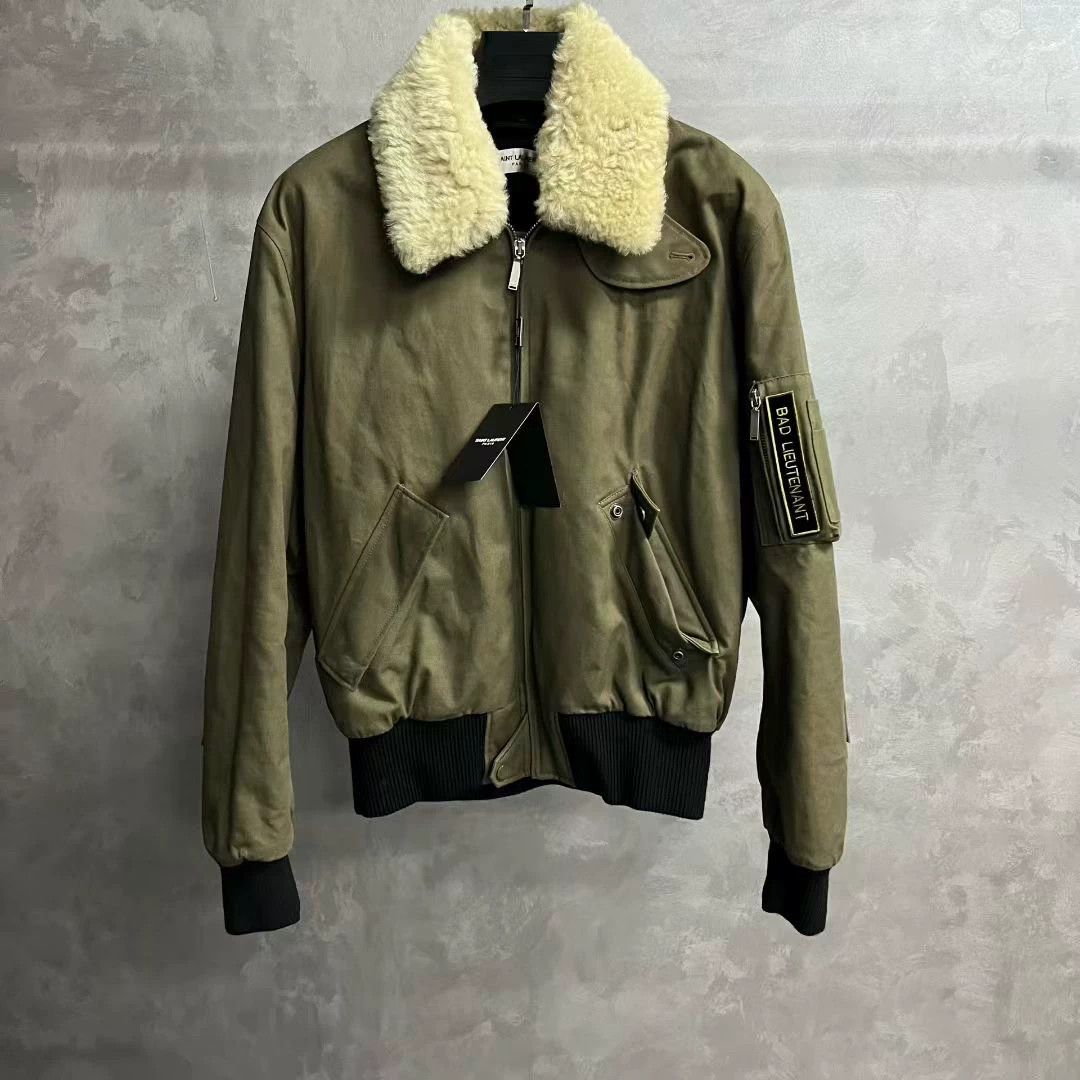 Saint Laurent Paris Classic Military Green Solid Color Lambswool Collar Jacket Size US M / EU 48-50 / 2 - 1 Thumbnail