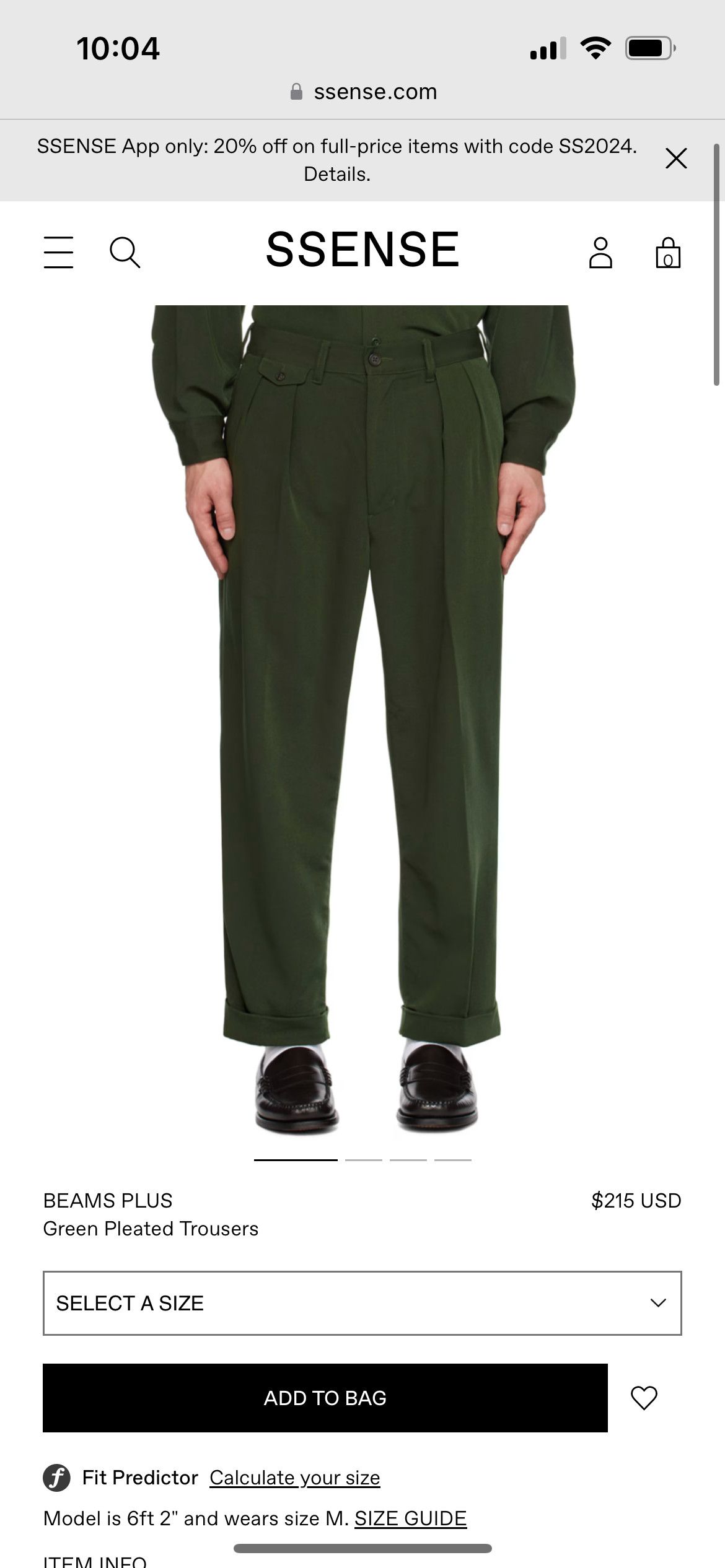 image of Beams Plus Green Pleated Trousers, Men's (Size 31)