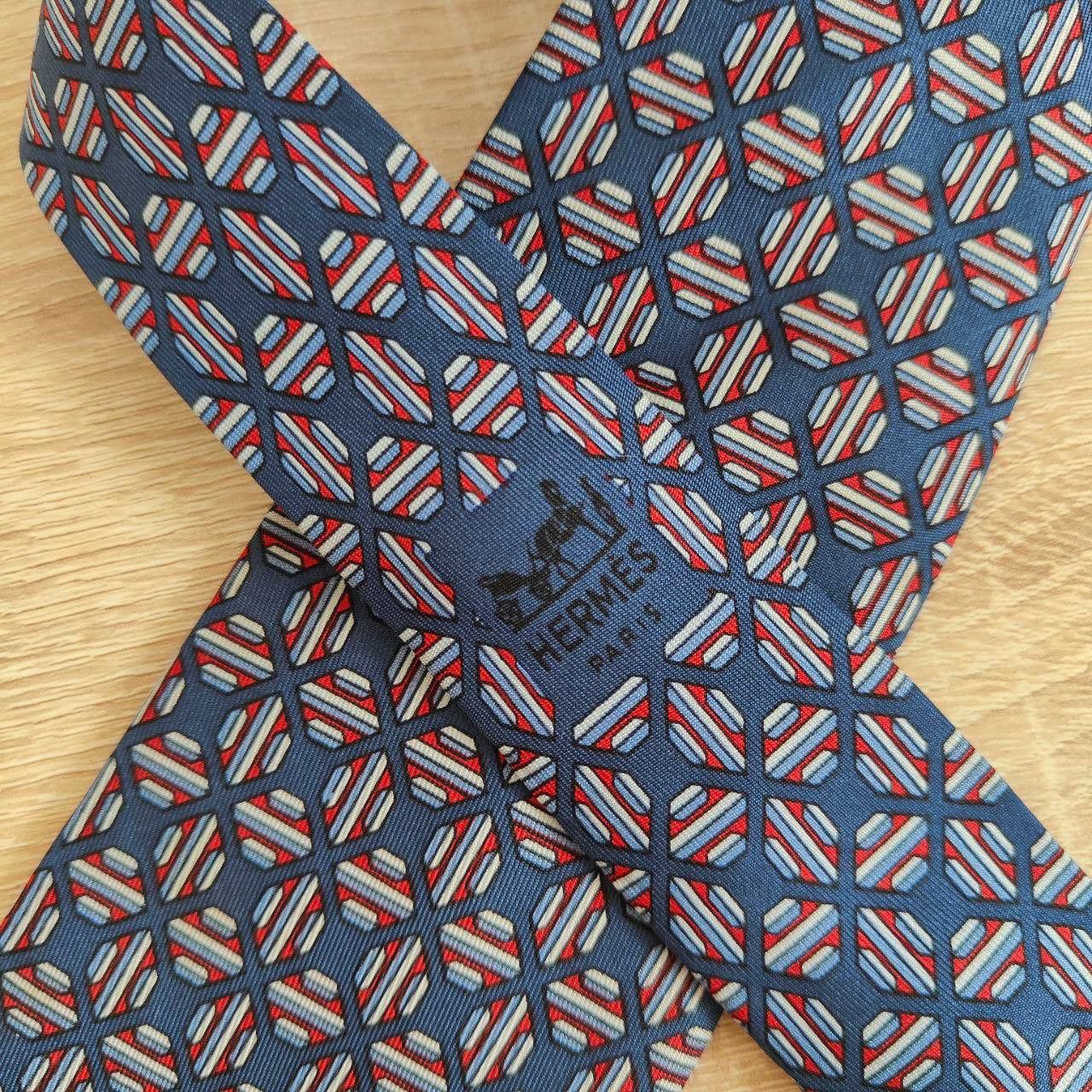 Hermes Hermes Paris Silk Tie 829 EA Geometry Blue Size ONE SIZE - 3 Thumbnail