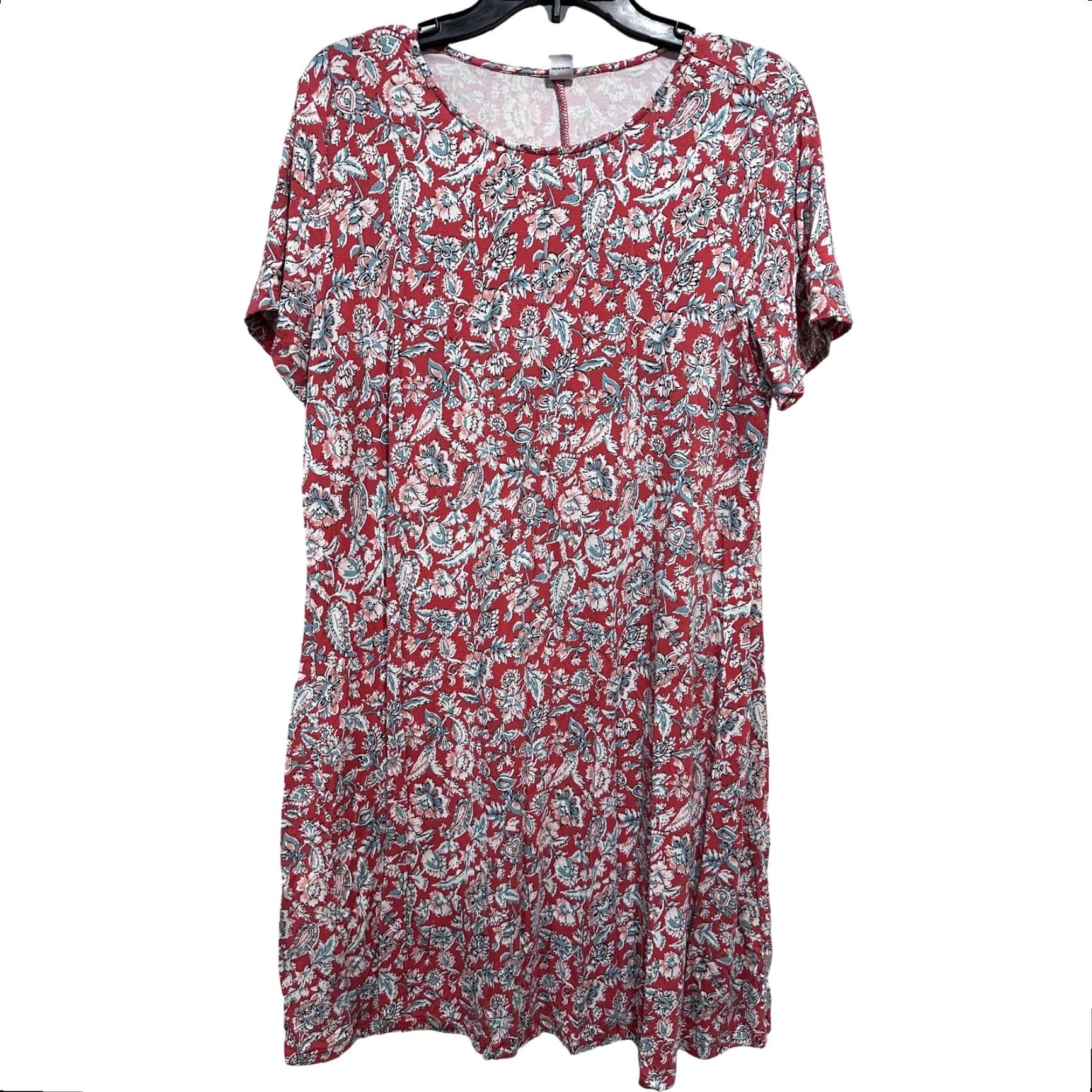 Old Navy Old Navy Dress XL Coral Teal Floral Short Sleeve Scoop Neck Stretch Midi Casual Size 40" / US 18 - 2 Thumbnail