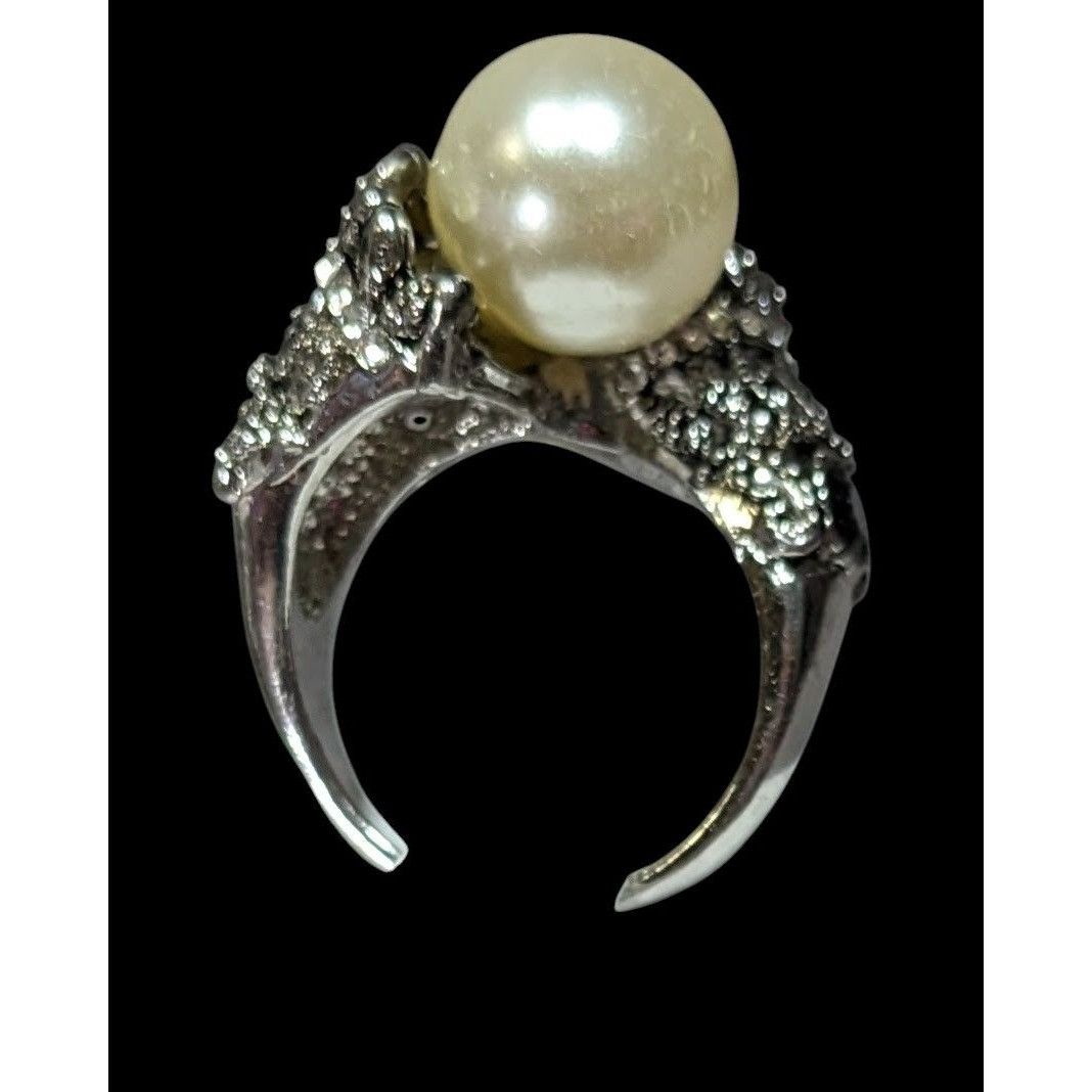 Other Vintage Glam Faux Pearl Cocktail Ring With Black Rhinestone Size ONE SIZE - 4 Thumbnail