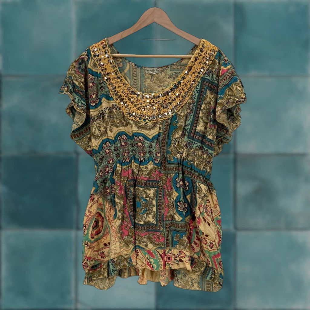 Vintage Live and Let Live Blouse Womens 3X Boho Patchwork Rayon Embellished Top Plus Size XXL / US 16-18 / IT 52-54 - 1 Thumbnail