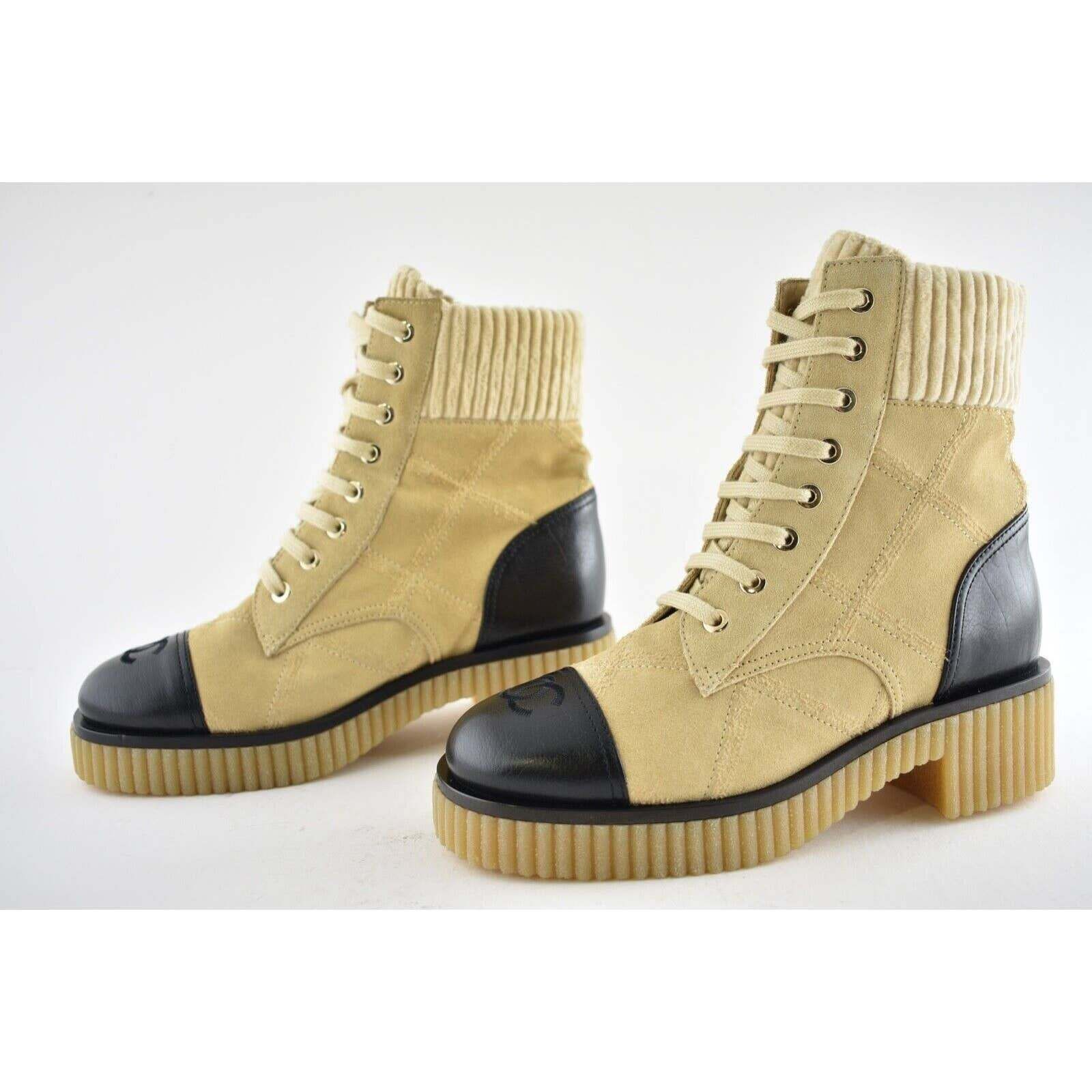 Chanel Chanel 20B Beige Black Quilted CC Platform Combat Lace Up Size US 5 / IT 35 - 8 Thumbnail