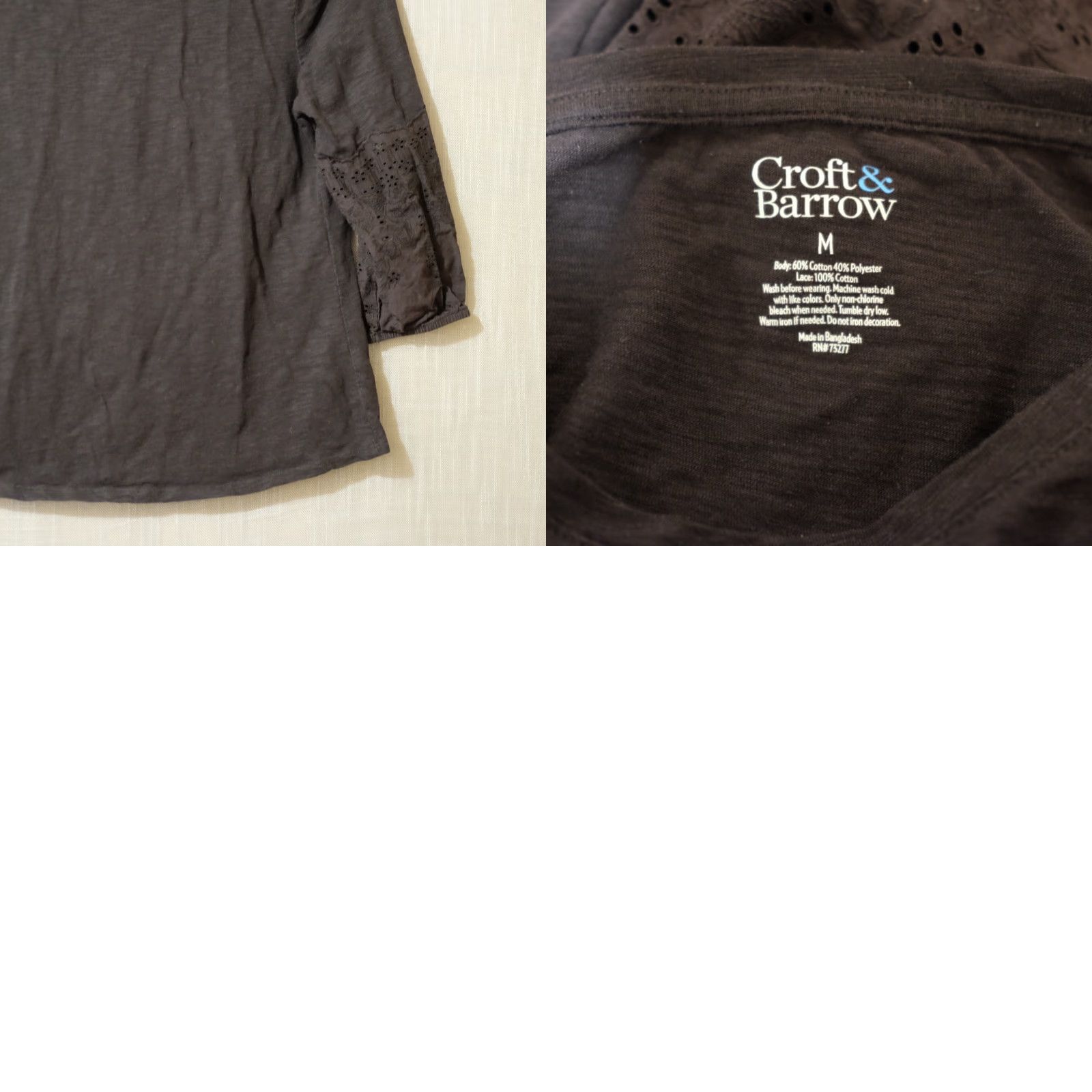 Croft & Barrow Croft & Barrow 3/4 Sleeve Top Black Cotton/Poly Womens M Shirt Adult Medium Black Classic Knit Embroidered Lace Casual Size M / US 6-8 / IT 42-44 - 8 Thumbnail