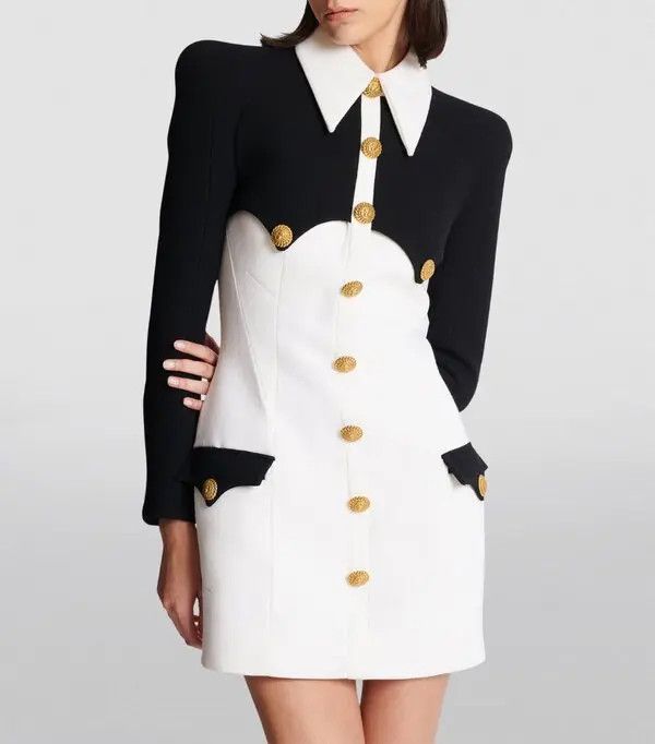 Balmain o1s1wg110825 Wool Crepe Mini Dress in White/Black Size S / US 4 / IT 40 - 3 Thumbnail