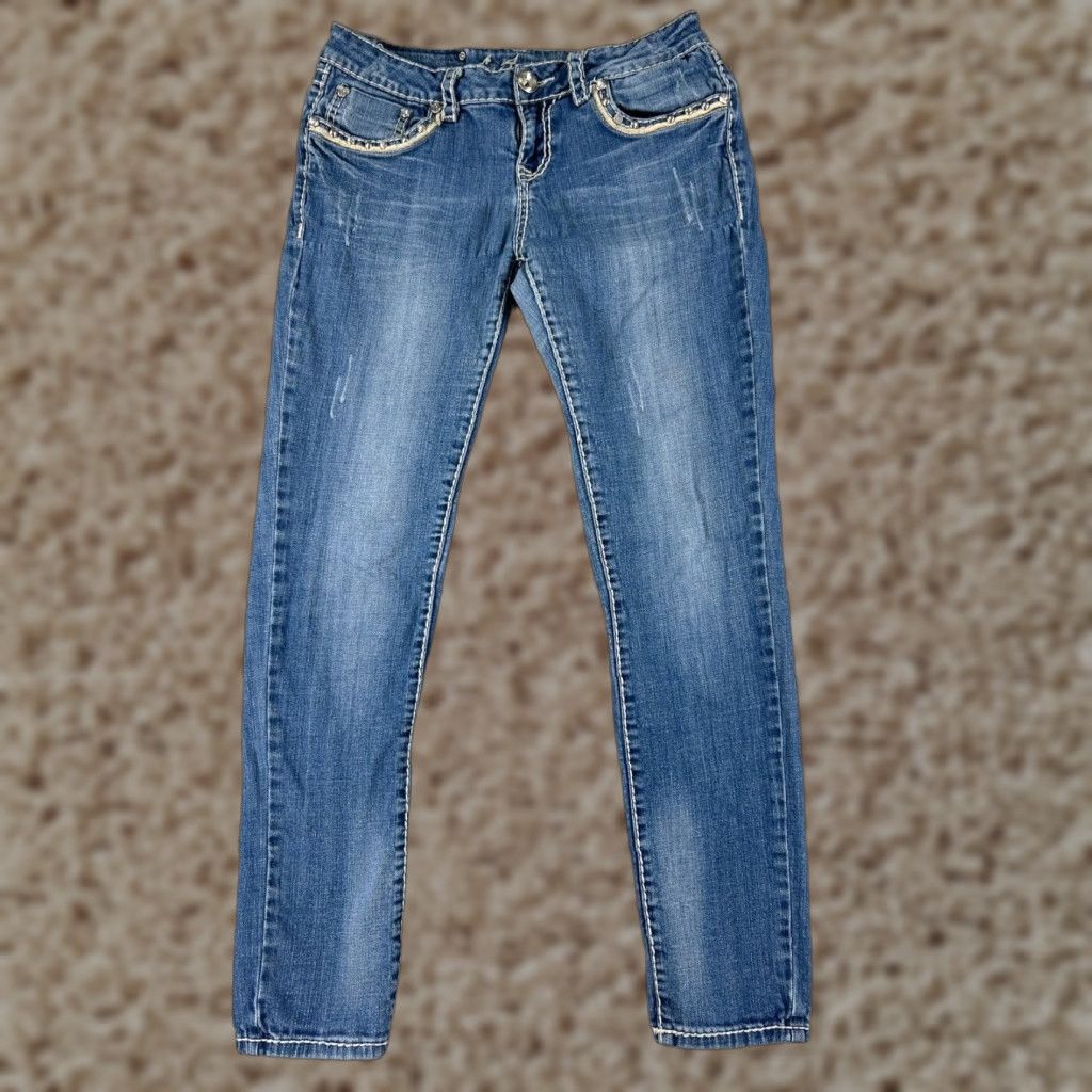 Vintage LA Idol Jeans Women 9 Blue Denim Skinny Embroidered Bling Cotton Blend Pants Set Size 30" / US 8 / IT 44 - 1 Thumbnail