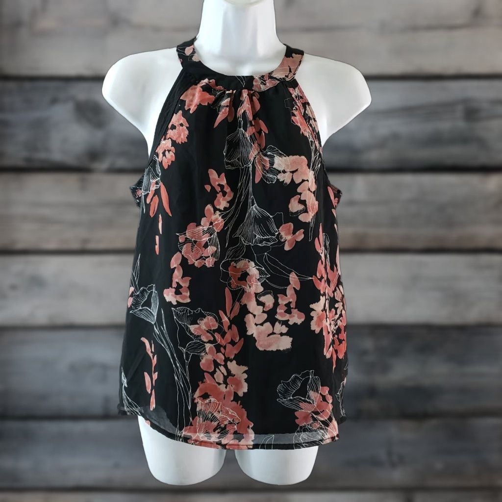 Vintage A New Day Womens Top Blouse Sleeveless Halter Floral Size Small Black Pink Garden 90s Mens Women Size S / US 4 / IT 40 - 1 Thumbnail
