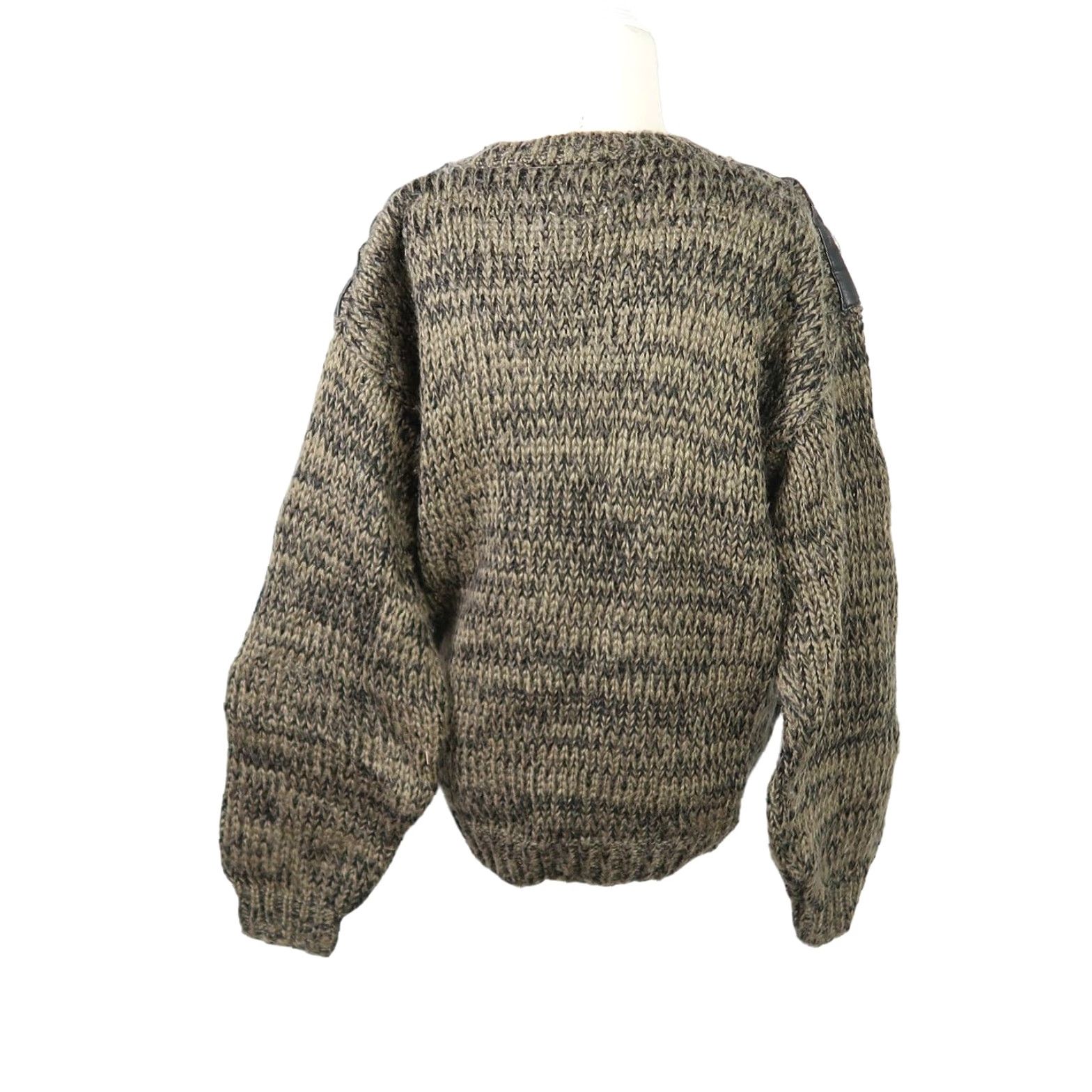 Olive VINTAGE 80s Trader Bay olive green and black knit and leather sweater L Women Geometric Chunky-Knit Balloon Sleeve Size L / US 10 / IT 46 - 4 Thumbnail