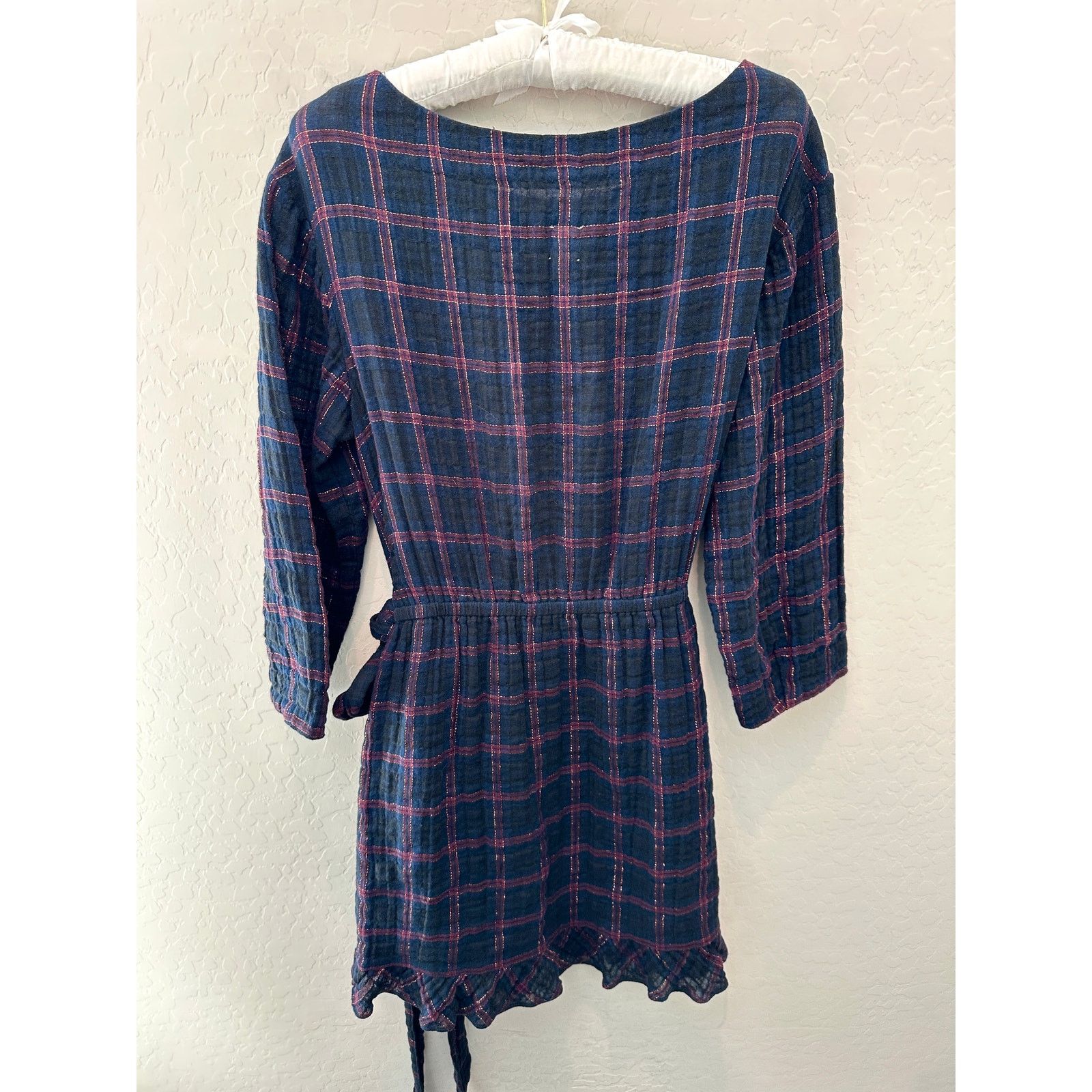 Rebecca Taylor REBECCA TAYLOR | Dark Blue Metallic Plaid Wrap Mini Dress Size M / US 6-8 / IT 42-44 - 4 Thumbnail